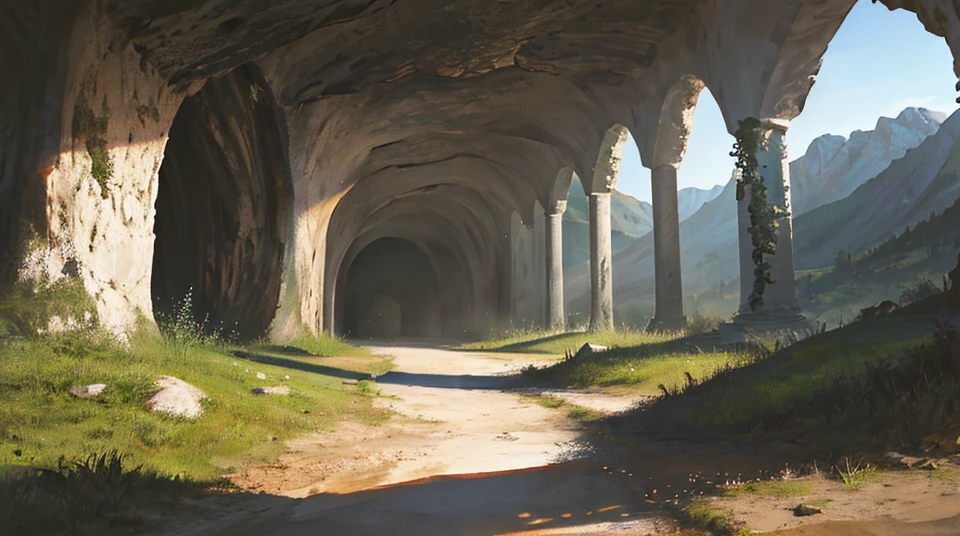 landscape, scenery, no humans, building, wide shot, painting, masterpiece, sharp focus, ultra detailed, absurdres, highres, dynamic lighting, cave, underground, dark