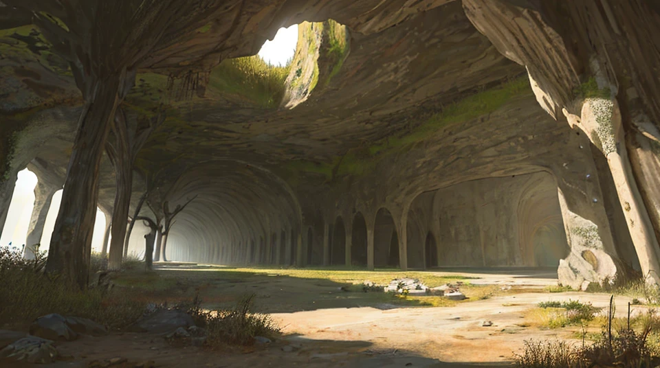 landscape, scenery, no humans, building, wide shot, painting, masterpiece, sharp focus, ultra detailed, absurdres, highres, dynamic lighting, cave, underground, light bulb