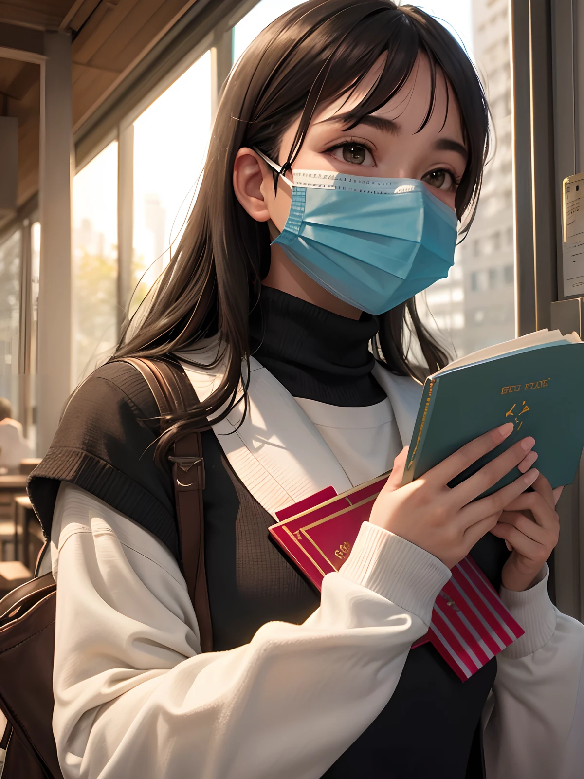 Realistic, masterful, exquisite, everyday life in a magical school, wearing a mask, holding a book