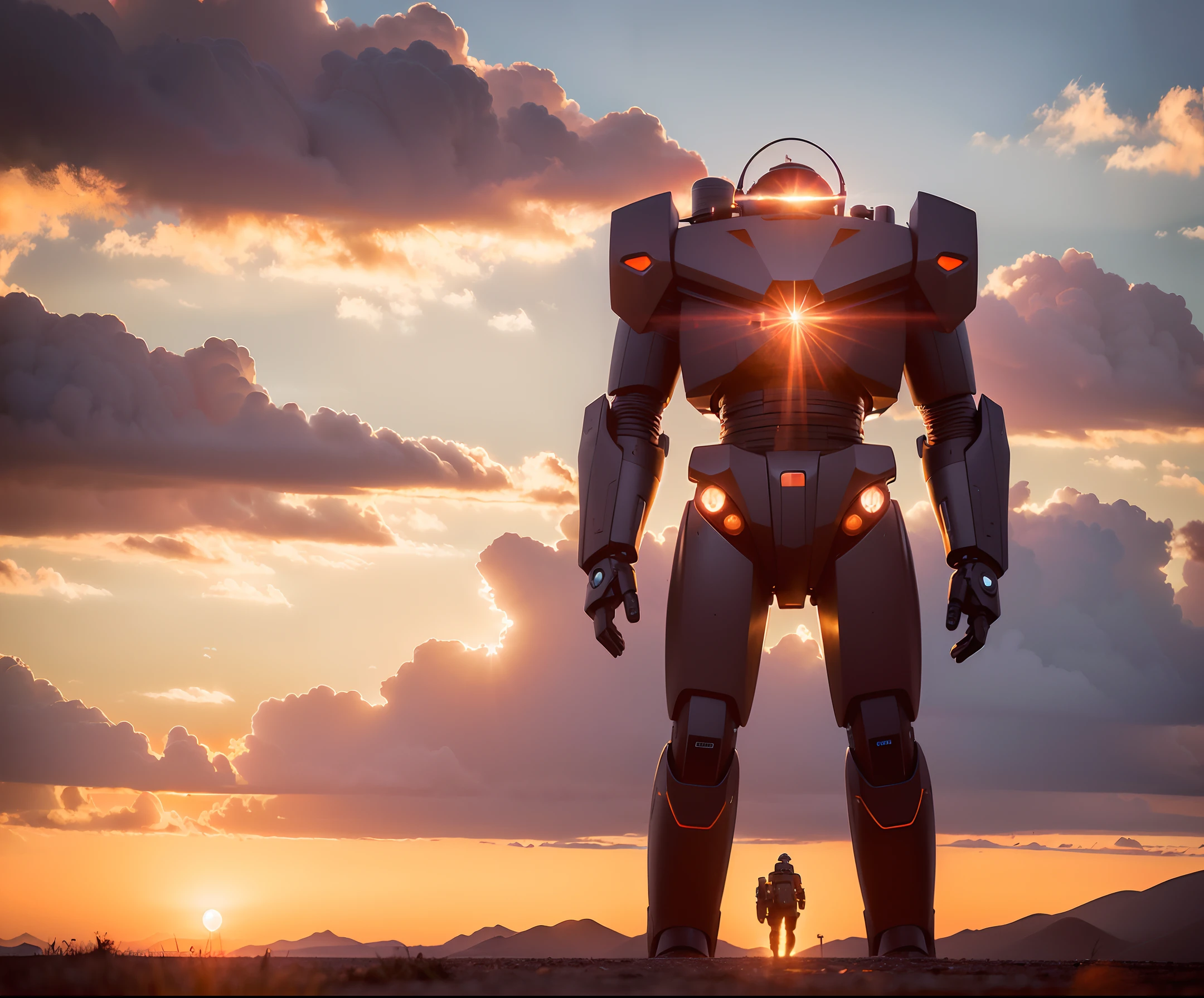 (masculine giant robot standing in front of sunset,battlemech,centered full body):2, (A very tiny human soldier standing in the front, sun rays,photo realisitc, ((8k, RAW photo, highest quality, analog style, sharp focus, volumetric fog,dslr, film grain, Fujifilm XT3realistic:2, masterpiece, ultra high resolution, CG 8K wallpapers)), physics-based rendering,
Mucha perfect lighting, soft renderings, richly colored skies, dark orange and gray, Digital Illustration, low-angle, rhads, heavy lines