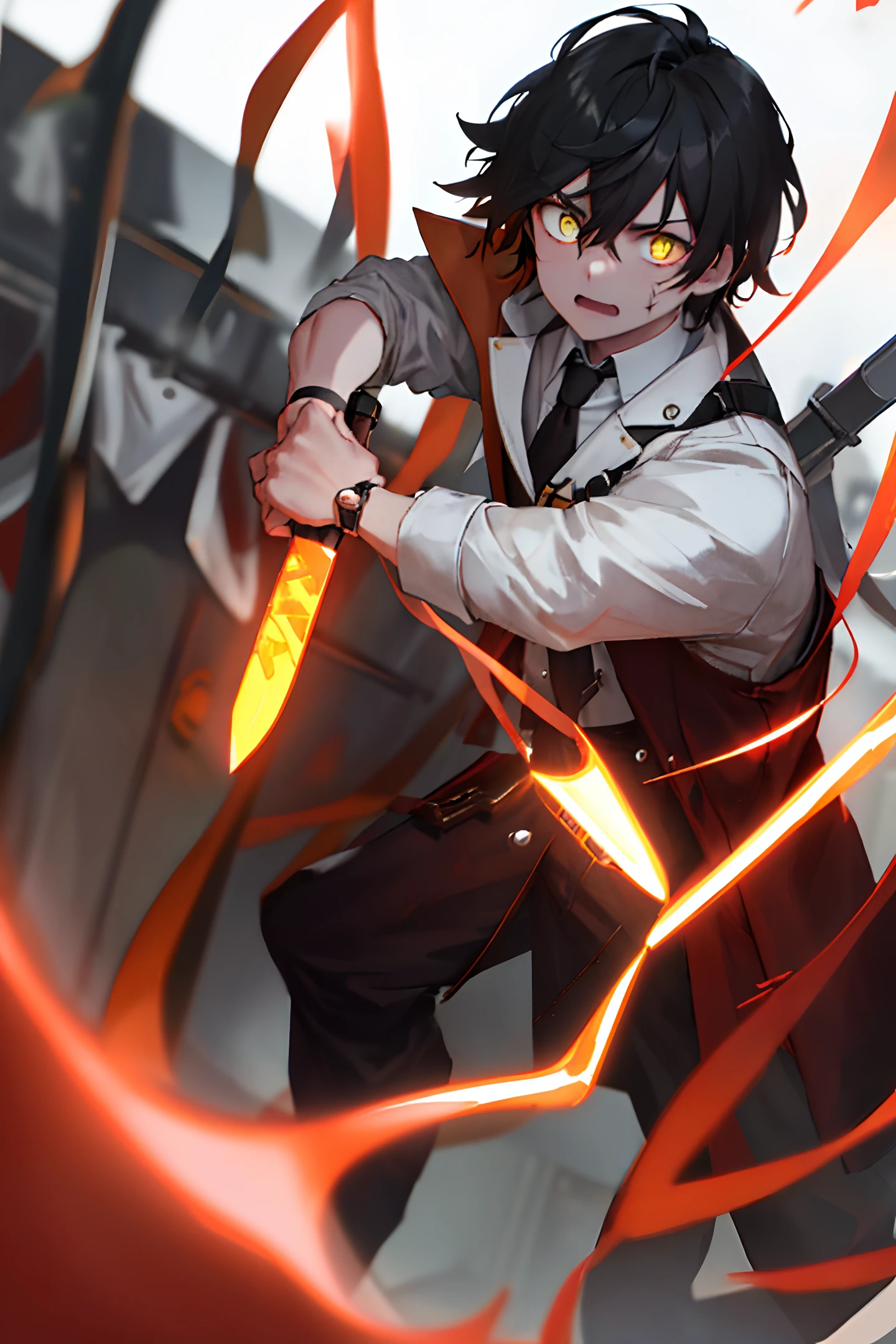 (Extremely detailed CG unity 8k wallpaper, masterpiece, best quality), highly dynamic angle, dramatic composition, strong lighting,

[(1 male doctor), white blood-stained coat, black hair, eyes filled with intense pain and anger, multiple wounds, wielding a sharp knife with a fierce expression]:0.8,

[(Dark and gritty alleyway with orange and yellow hues, flickering neon lights, raindrops, steam, and smoke):0.4].