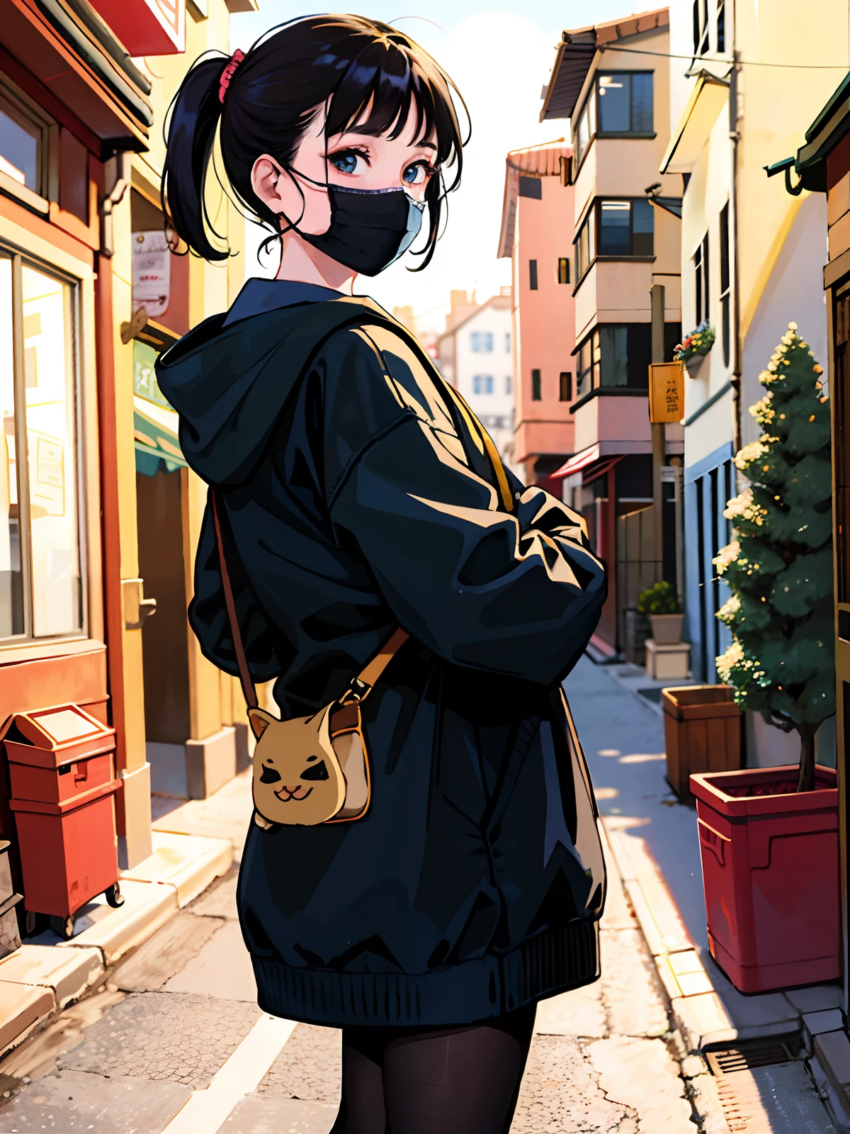The picture quality is the best, the resolution is clear, (many (detailed) kittens) and a lady: 1.3), focus on the cat, the kittens around the girl (detailed), the background is a back alley, detailed sunlight, sitting, the girl looks at the audience, front view, (cat watching the audience: 1.2), (happy: 1.3), (kitten), (kitten), she is standing, ((wearing a mask))