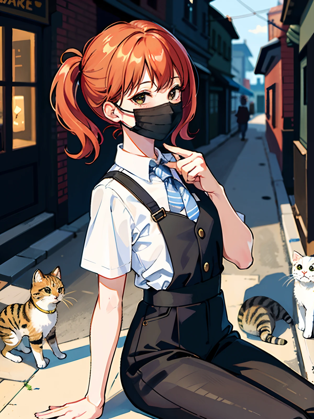 The picture quality is the best, the resolution is clear, (many (detailed) kittens) and a lady: 1.3), focus on the cat, the kittens around the girl (detailed), the background is a back alley, detailed sunlight, sitting, the girl looks at the audience, front view, (cat watching the audience: 1.2), (happy: 1.3), (kitten), (kitten), she is standing, ((wearing a mask))
