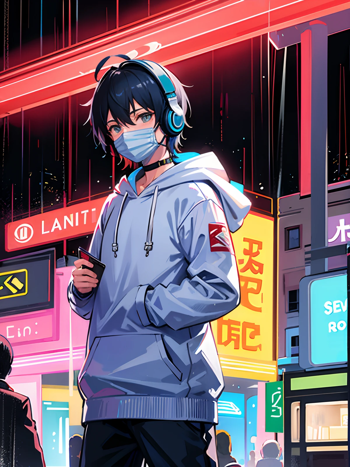 masterpiece,1man,solo,incredibly absurdres,hoodie,headphones, street,outdoors,rain,neon lights,wearing a mask