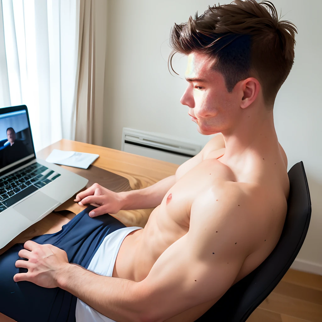 Masterpiece, best quality, super detailed, sfw, 1boy, an attractive 18 year old white boy laying in bed using laptop video call, looking at laptop screen, ((sweat)), topless, wearing tight underwear, big bulge , full body shot, side view,