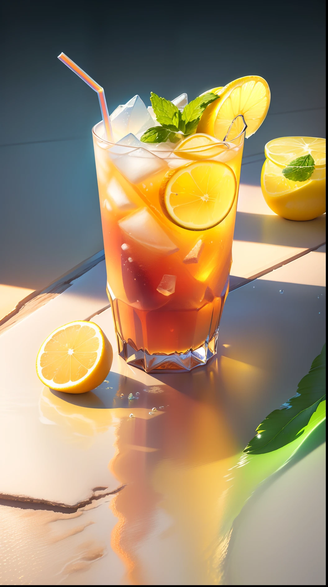 Masterpiece, best quality, (very detailed CG Unity 8k wallpaper), (best quality), (best illustration), (best shadow), drinking a glass of soda on a stone, a soft drink with lemon, mint leaves and bubbles, yellow gradient to blue, very cool, colorful straws, isometric 3D, octane rendering, ray tracing, very detailed
