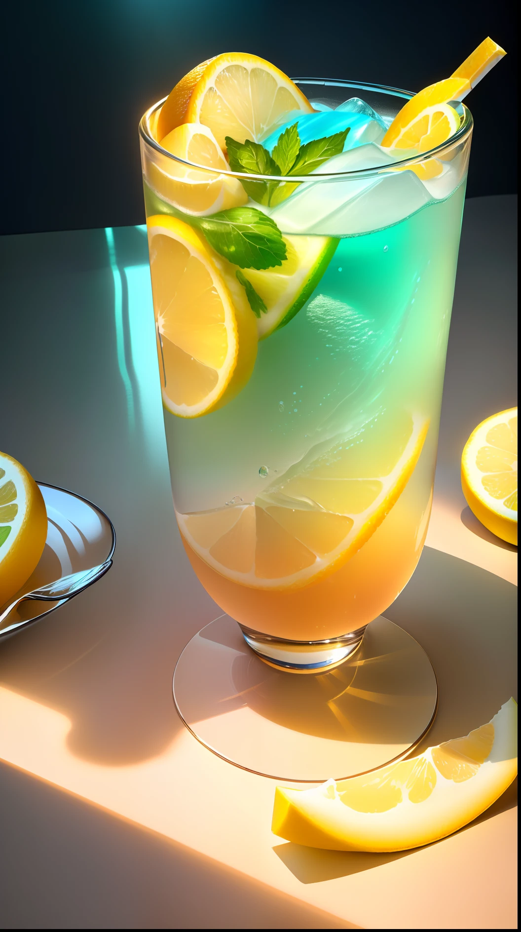 Masterpiece, best quality, (very detailed CG Unity 8k wallpaper), (best quality), (best illustration), (best shadow), drinking a glass of soda on a stone, a soft drink with lemon, mint leaves and bubbles, yellow gradient to blue, very cool, colorful straws, isometric 3D, octane rendering, ray tracing, very detailed