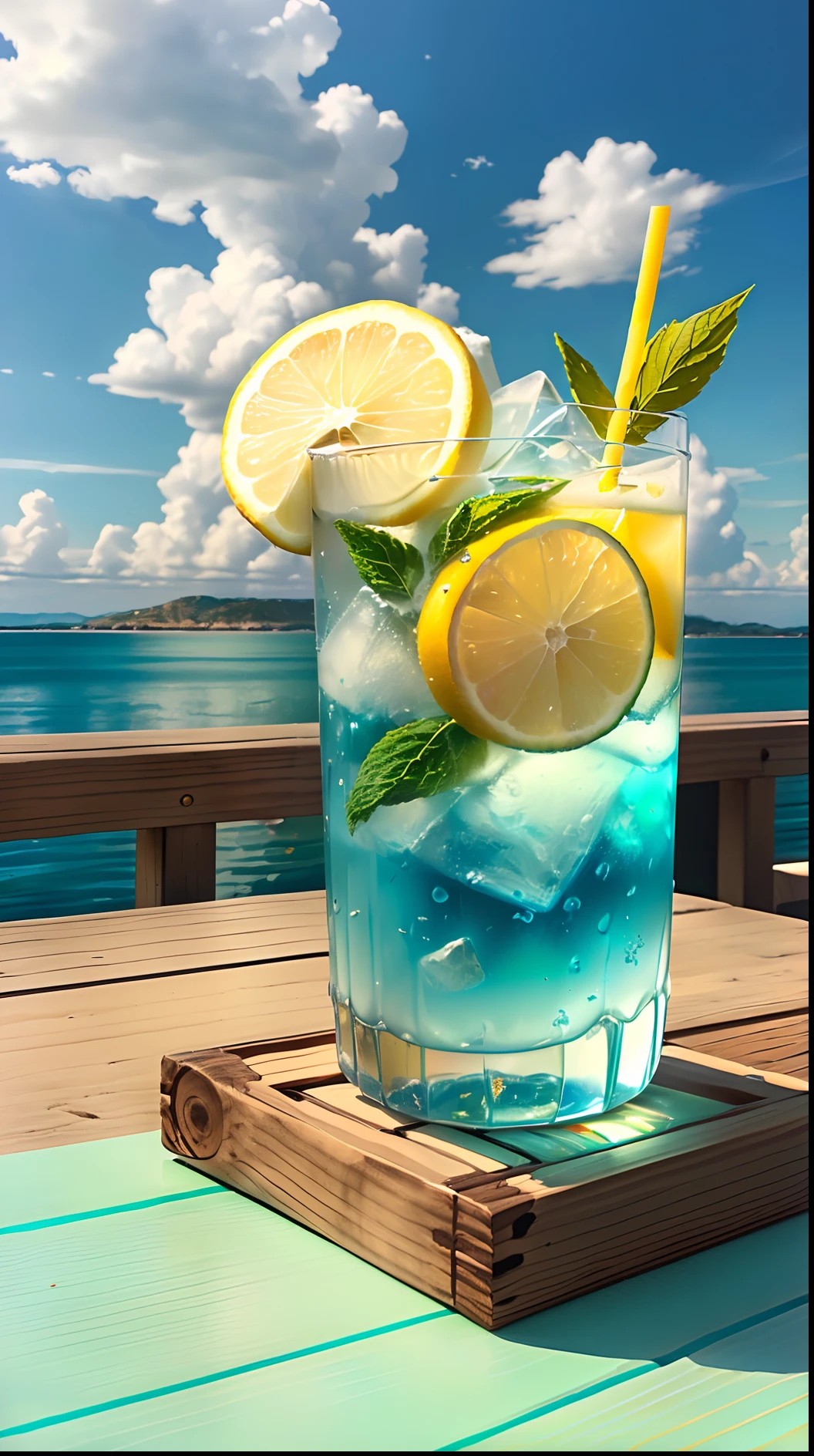 (No one) A soft drink containing lemon, mint leaves, and bubbles. The yellow fades to blue. It's cool. There are colored straws, ice cubes, placed on a green leaf, outdoors, a clear blue sky, beautiful clouds