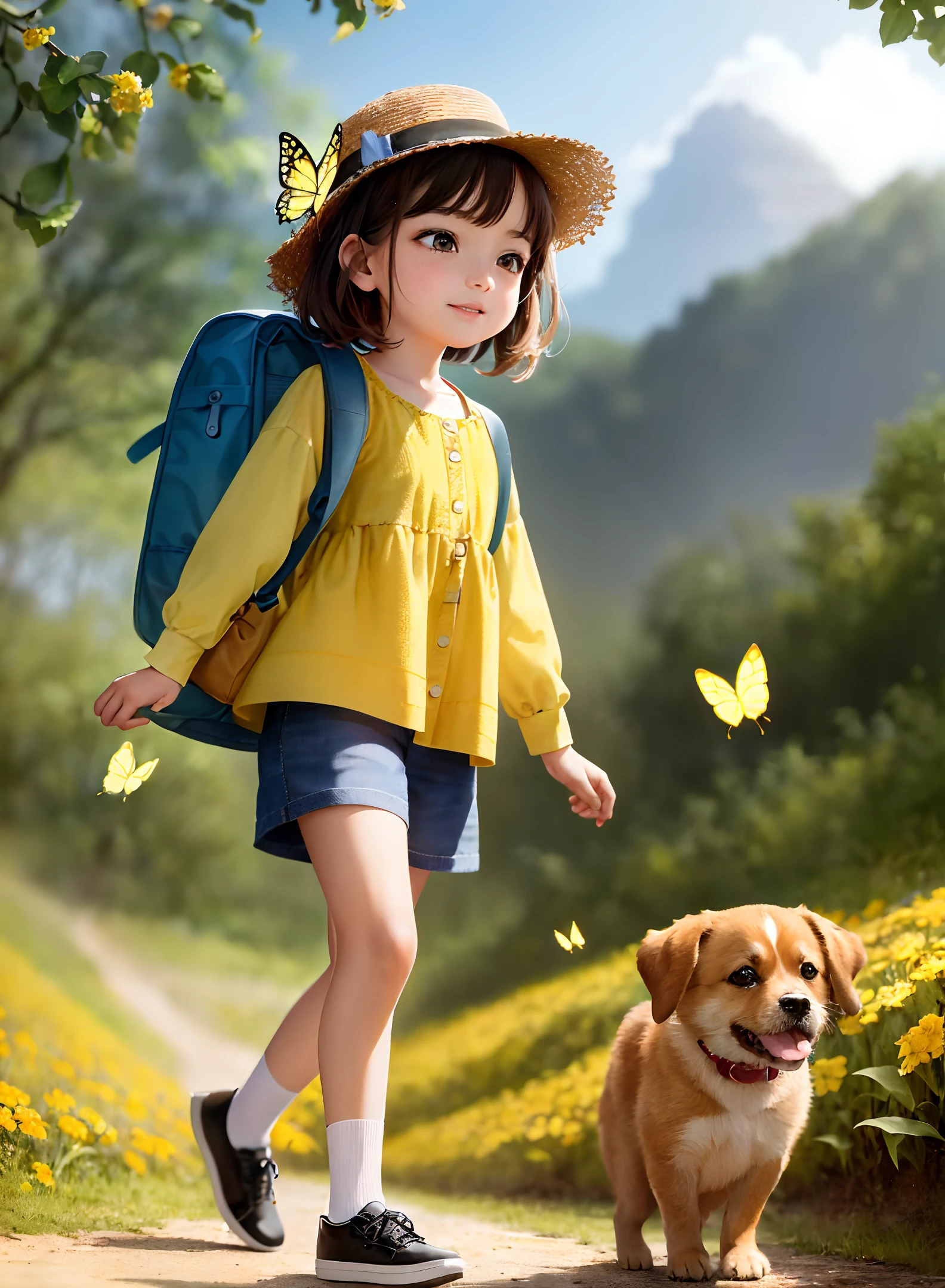 The family, with her adorable puppy, enjoyed a lovely outing surrounded by beautiful yellow flowers and natural scenery. The illustration is a high definition illustration in 4K resolution, with highly detailed facial features and cartoon-style visuals, (butterfly dancing)