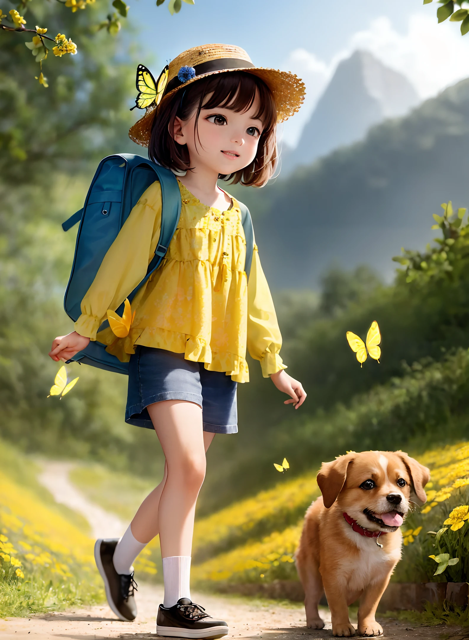 The family, with her adorable puppy, enjoyed a lovely outing surrounded by beautiful yellow flowers and natural scenery. The illustration is a high definition illustration in 4K resolution, with highly detailed facial features and cartoon-style visuals, (butterfly dancing)