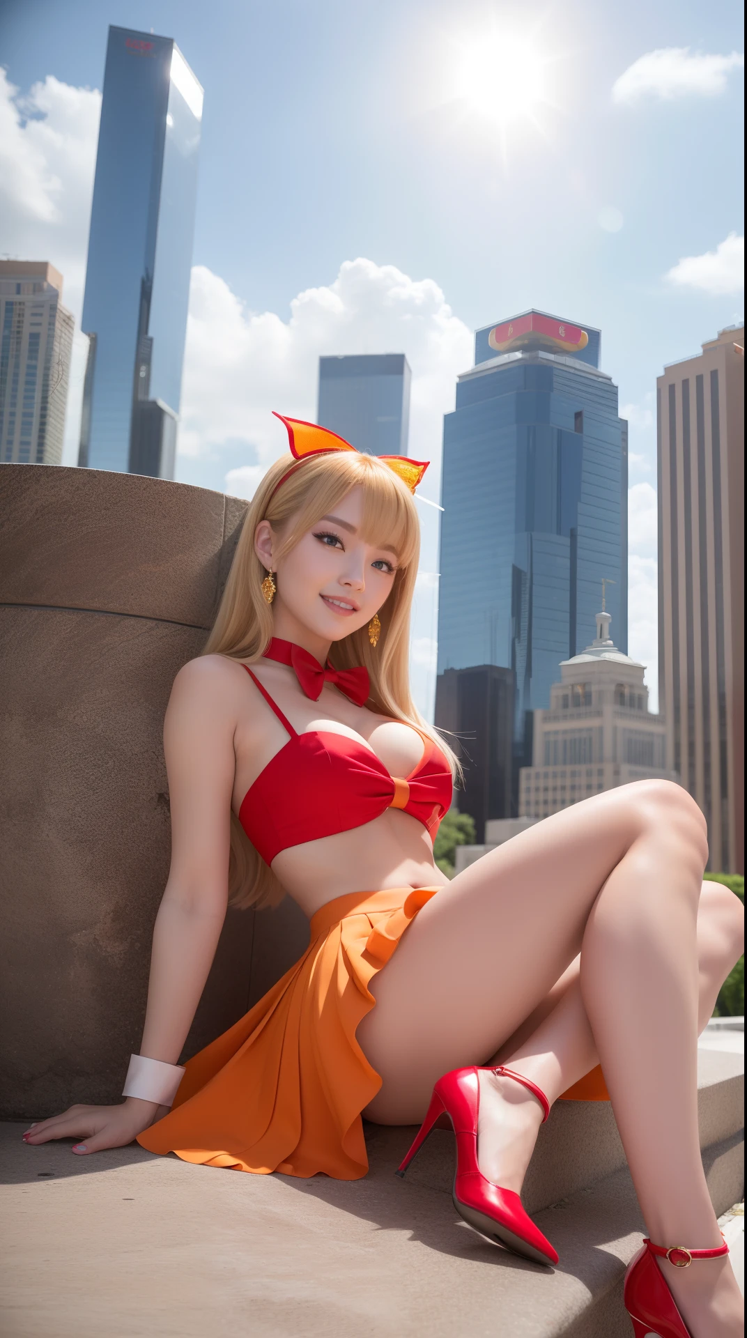 (Full body: 1.9), red heels, 1girl, venus1, 1girl, solo, salor senshi uniform, blonde, magical girl, blue eyes, short orange skirt, elbow gloves, headdress, pleated skirt, hair bow, orange sailor collar, mini skirt, red bow, orange necklace, white gloves, extra long hair, jewelry, earrings, smile, incomparable masterpiece, ultra-realistic 8k CG artwork, perfect, (perfect woman), looking at the Chinese body Crowd, attractive posture, sexy posture, clean, pretty face , pale skin, divine goddess, shiny skin, skindentation, glint ulzang-6500-v1.1, exposed navel (8k, RAW photo, best image quality, masterpiece: 1.2), (realistic, realistic: 1.37), ultra-detailed, (long legs: 1.6), deep cleavage, bare navel, legs longer than thighs, (cityscape)