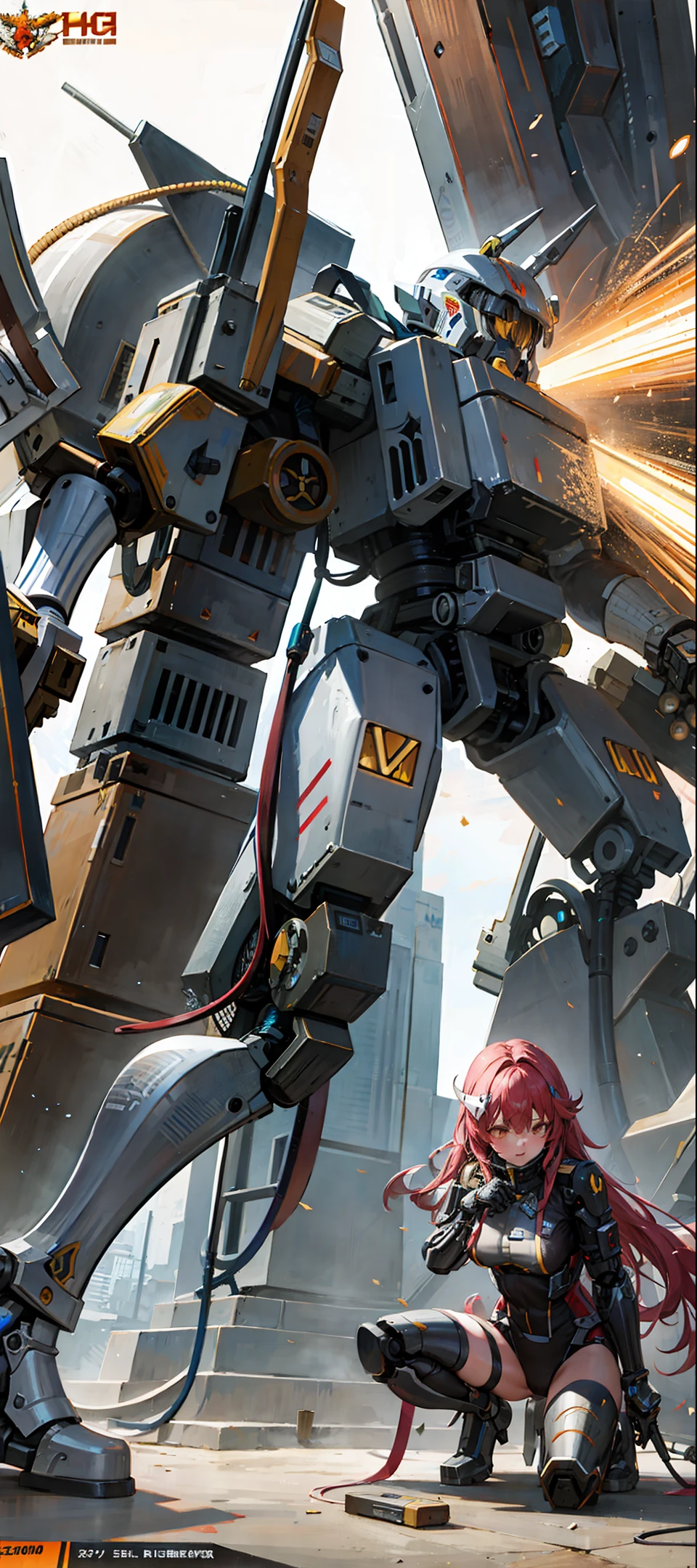The ultra-detailed gaming CG masterpiece features a female mecha pilot in an intricate and impressive suit, with giant humanoid weapons and intricate mechanical details. This high-resolution 8k wallpaper shows the robot's complex design and precise mechanical structure in intense combat.