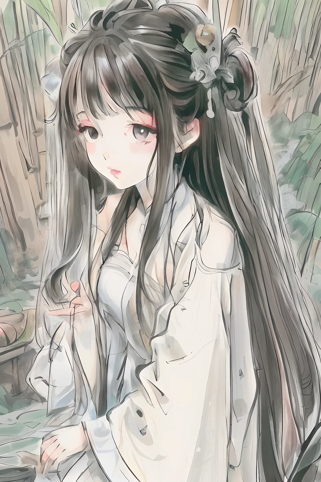 masterpiece, best quality, official art, 8k wallpaper, very detailed, illustration, 1 girl, dark hair, long hair, detailed eyes, bamboo forest, bare shoulders, lake, pure, soft smile