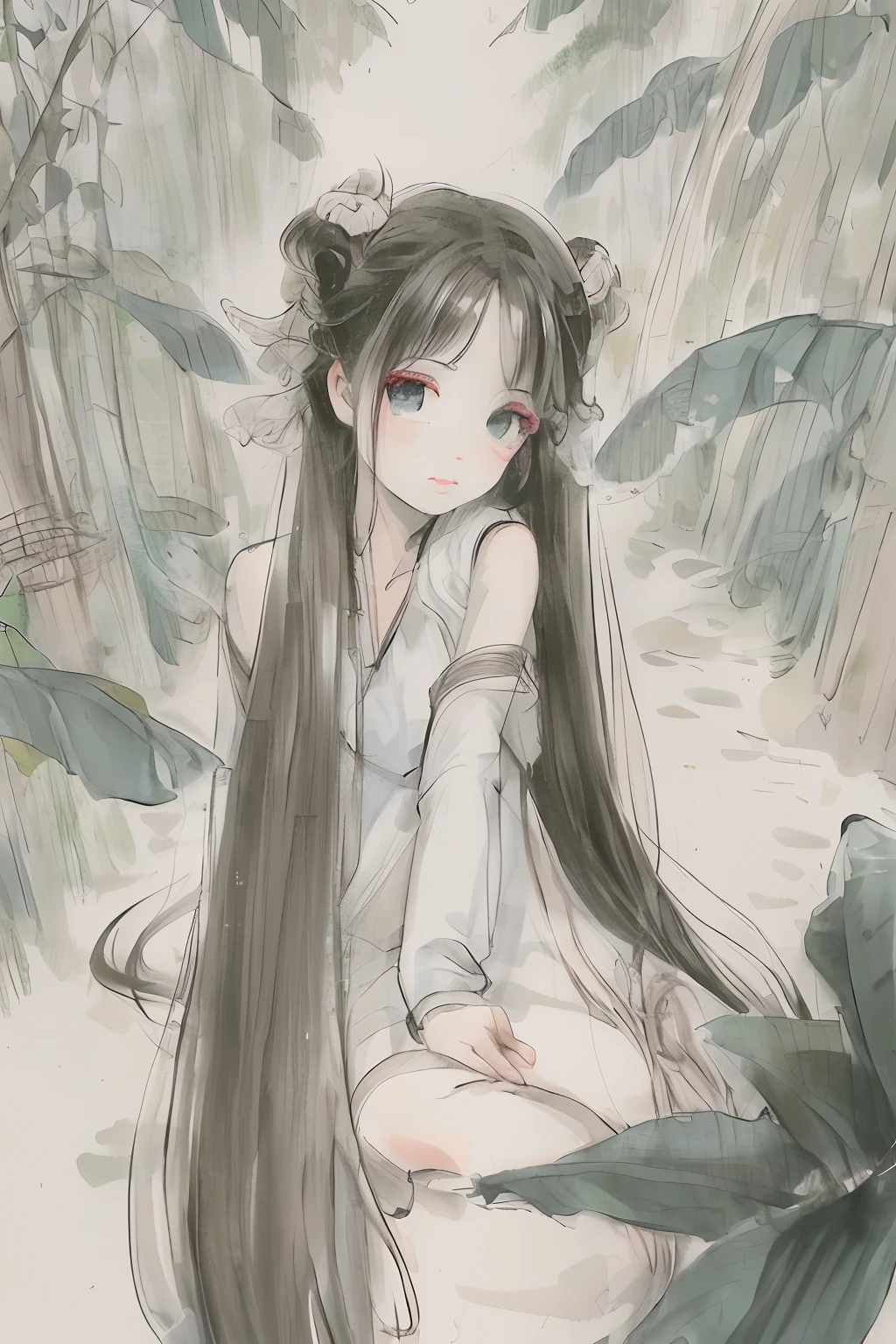masterpiece, best quality, official art, 8k wallpaper, very detailed, illustration, 1 girl, dark hair, long hair, detailed eyes, bamboo forest, bare shoulders, lake, pure, soft smile