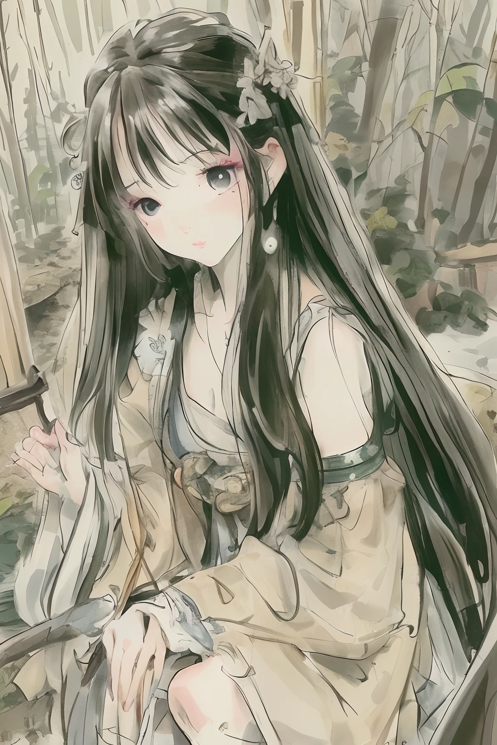 masterpiece, best quality, official art, 8k wallpaper, very detailed, illustration, 1 girl, dark hair, long hair, detailed eyes, bamboo forest, bare shoulders, lake, pure, soft smile