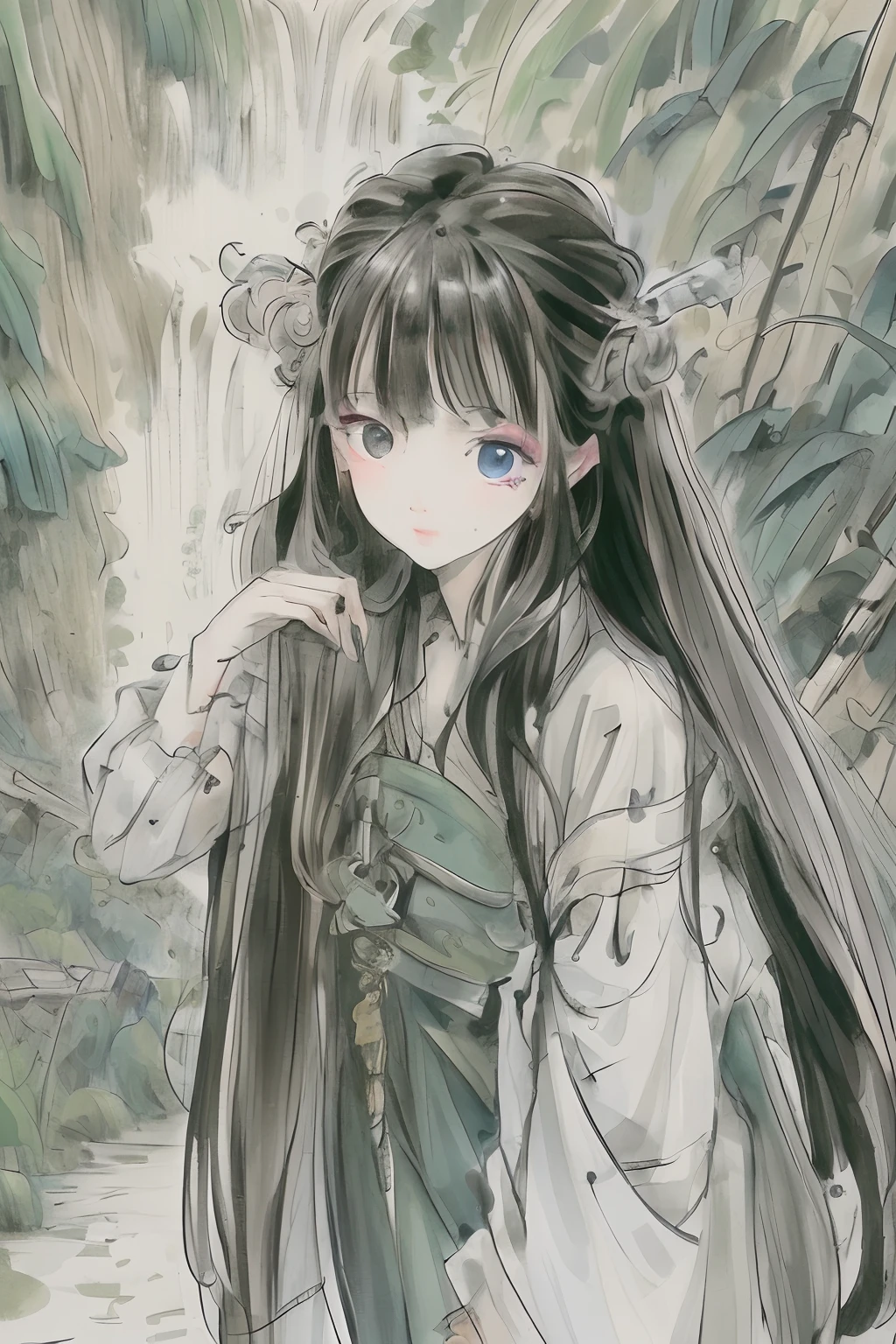 masterpiece, best quality, official art, 8k wallpaper, very detailed, illustration, 1 girl, dark hair, long hair, detailed eyes, bamboo forest, bare shoulders, lake, pure, soft smile