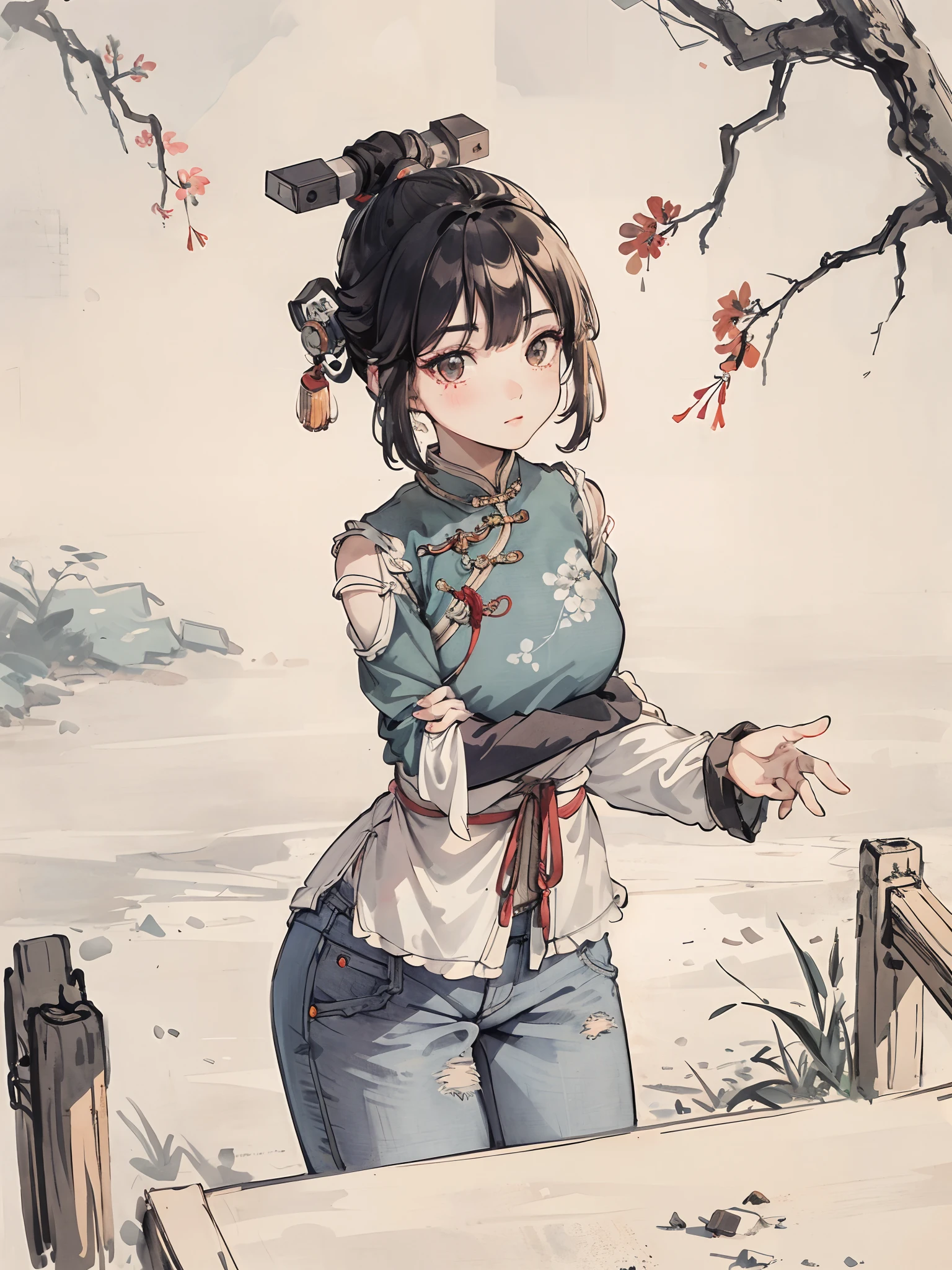 ((1girl), Chinese park background, ru_qun, original outfit, photorealism, best quality, masterpiece, clear details, detailed skin texture, detailed fabric texture, beautiful detailed face, denim lens)