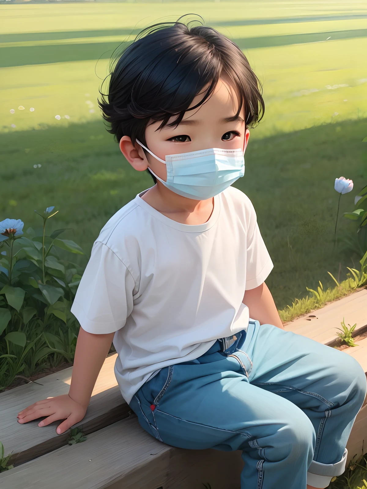 A boy with rosy, cuit, wearing a white shirt and blue pants, sitting on a field and wearing a face mask