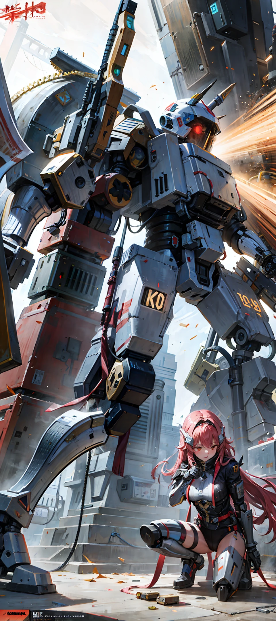 This ultra-detailed game CG masterpiece depicts an intricate and impressive robot, exploding bombs, wearing giant humanoid weapons, and intricate mechanical details. This high-resolution 8k wallpaper shows the complex design and precise mechanical structure of robots in intense combat.