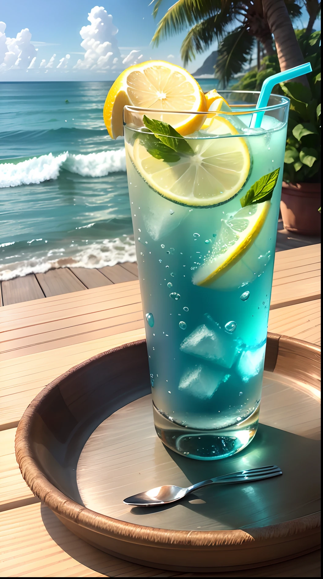 (No one) A soft drink containing lemon, mint leaves, and bubbles. Yellow changes to blue. Very cool. There are colored straws, ice cubes, cool, bubbles, smoke, placed on a table, distant view, the background is an outdoor beach, seaside, coconut trees