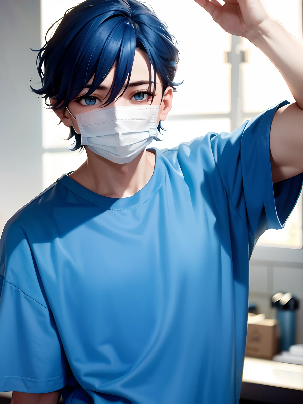 Masterpiece, best, 1 boy, upper body, blue hair, bright eyes, shirt,surgical mask