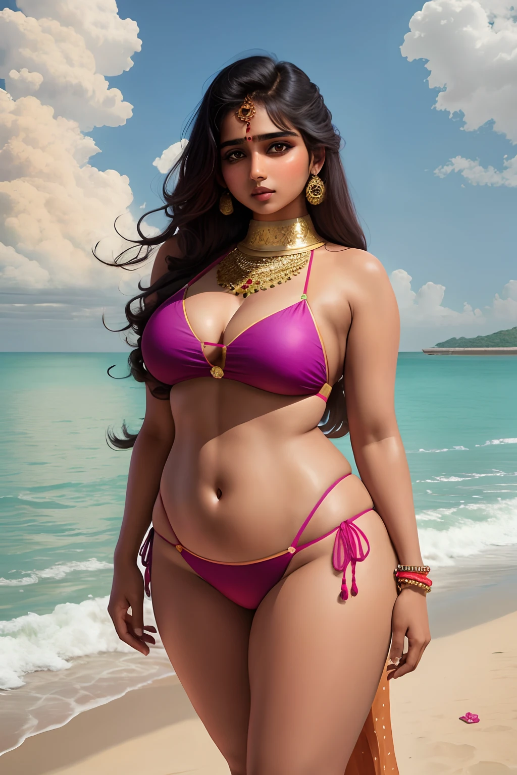 Indian sexy big booby girl, wearing small bikini made with saari, standing straight, looking to the viewers 