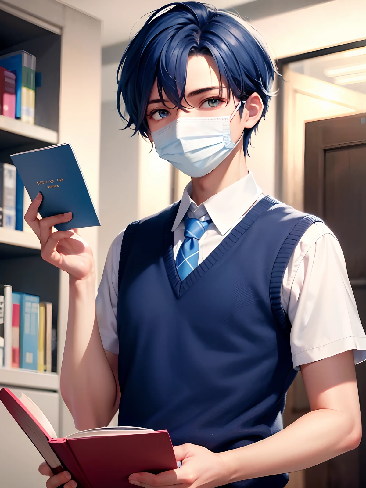 masterpiece, best, 1 boy, upper body, blue hair, bright eyes, shirt, sweater vest, holding a book, side, surgical mask