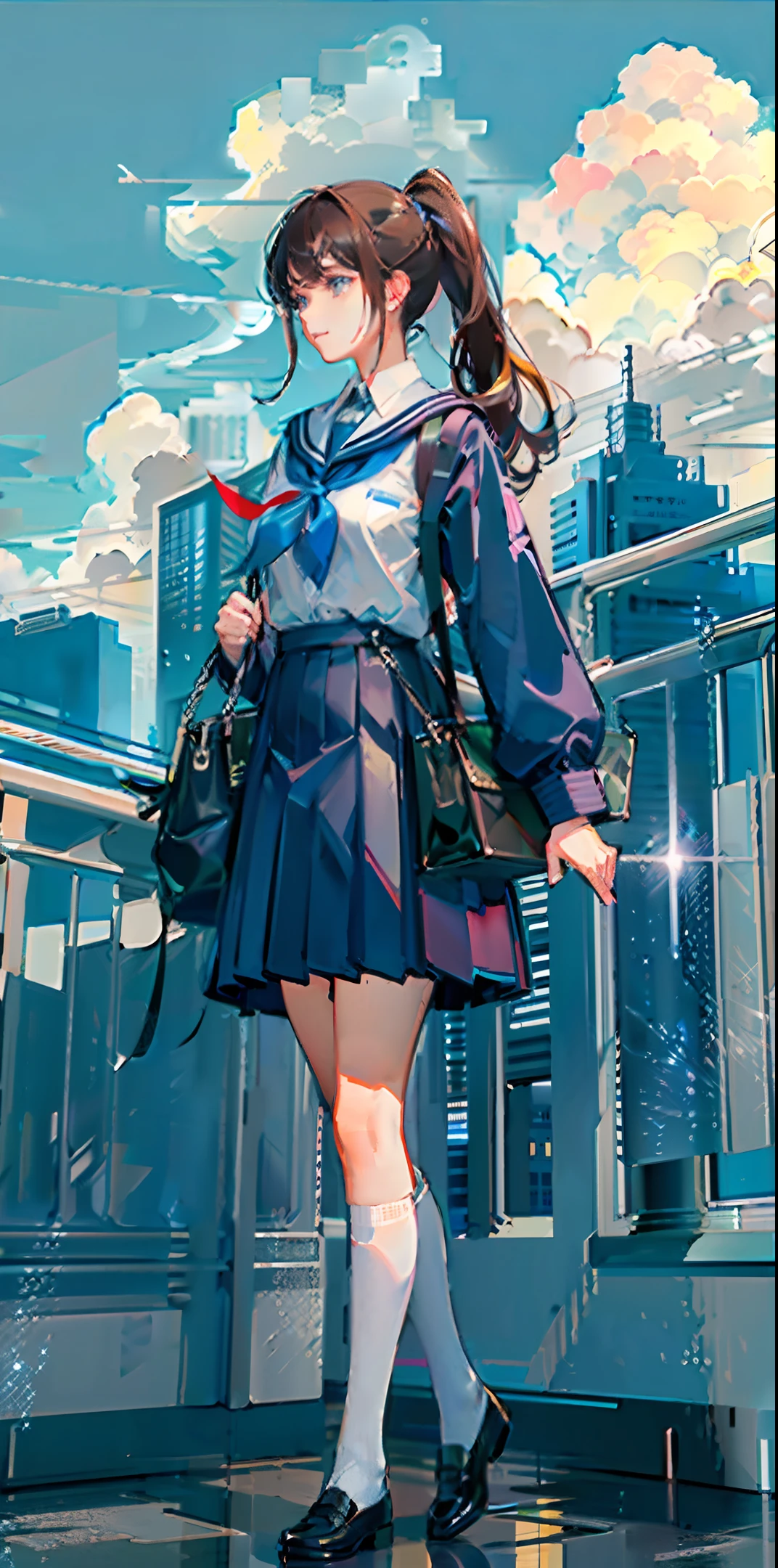 masterpiece, delicate face, detail, high definition, umbrella, rain, woman, dark hair, ponytail, school uniform, cloudy weather, water droplets, sparkles, figure in the center