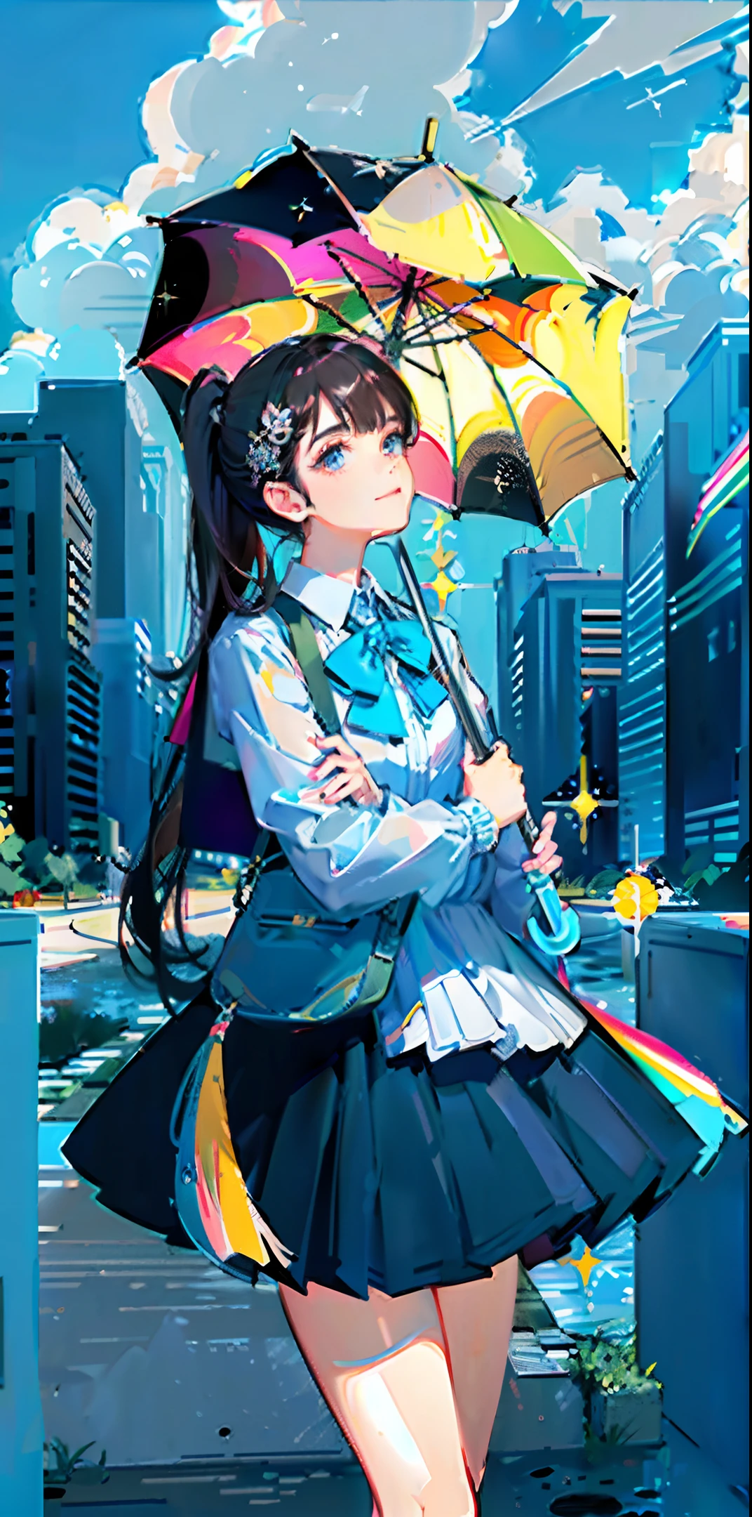 masterpiece, delicate face, detail, high definition, umbrella, rain, woman, dark hair, ponytail, school uniform, cloudy weather, water droplets, sparkles, figure in the center