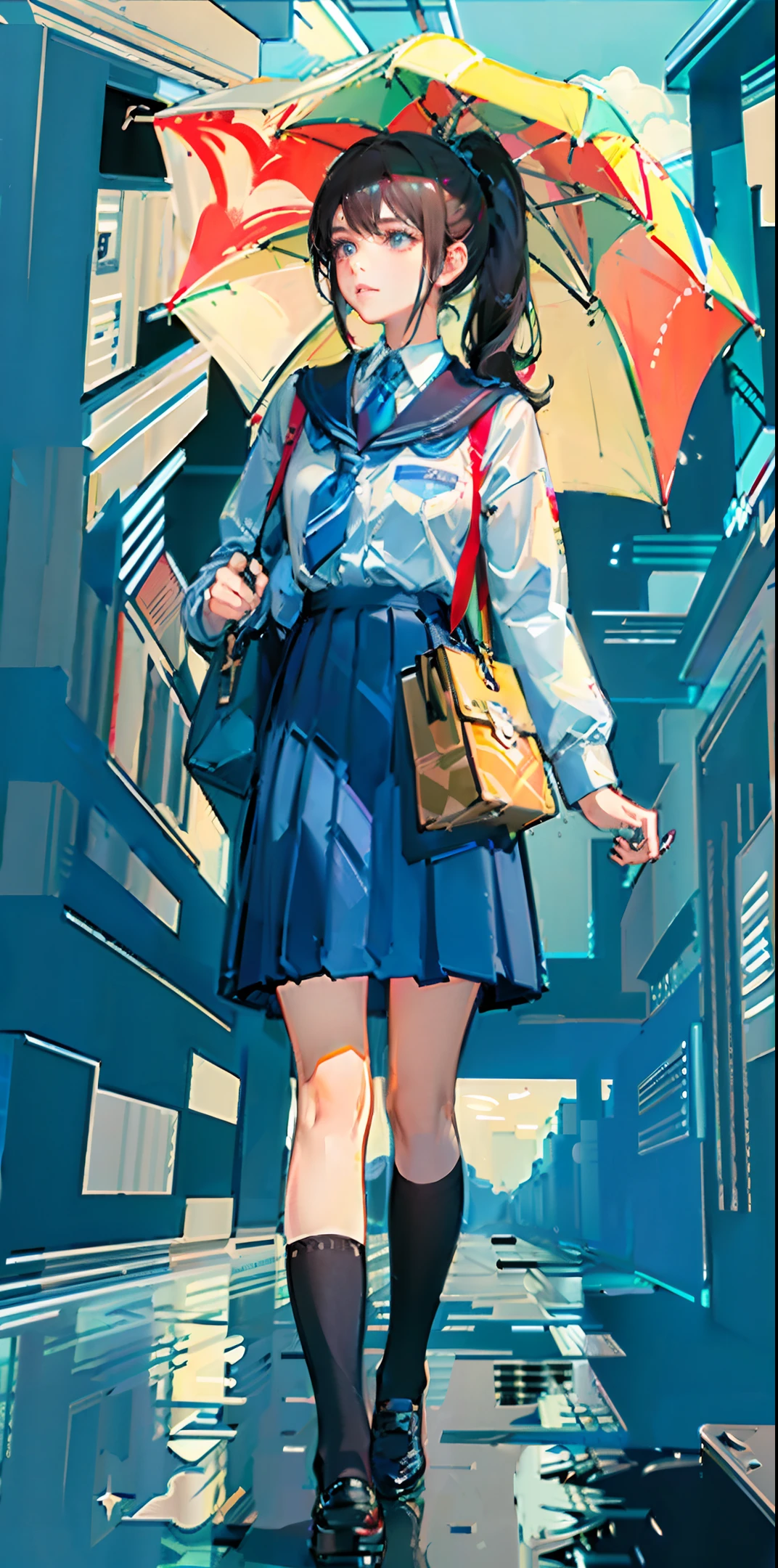 masterpiece, delicate face, detail, high definition, umbrella, rain, woman, dark hair, ponytail, school uniform, cloudy weather, water droplets, sparkles, figure in the center