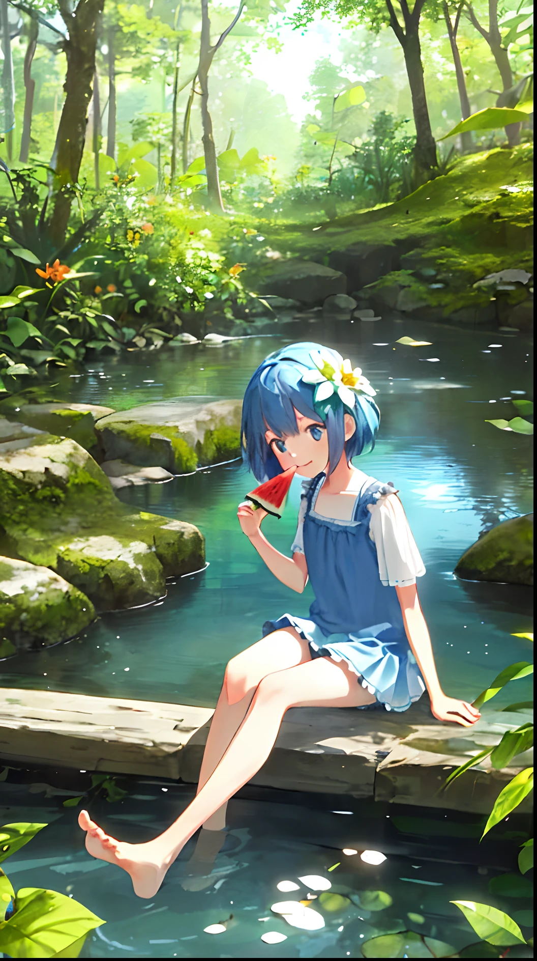 (best quality)), (best quality)), a little girl eating a watermelon, clear face, blue eyes, soaking her feet in water, blooming, happy, colorful, sunshine, shade, in the forest, quiet pond, wildflowers by the water, creeks, stones, moss,