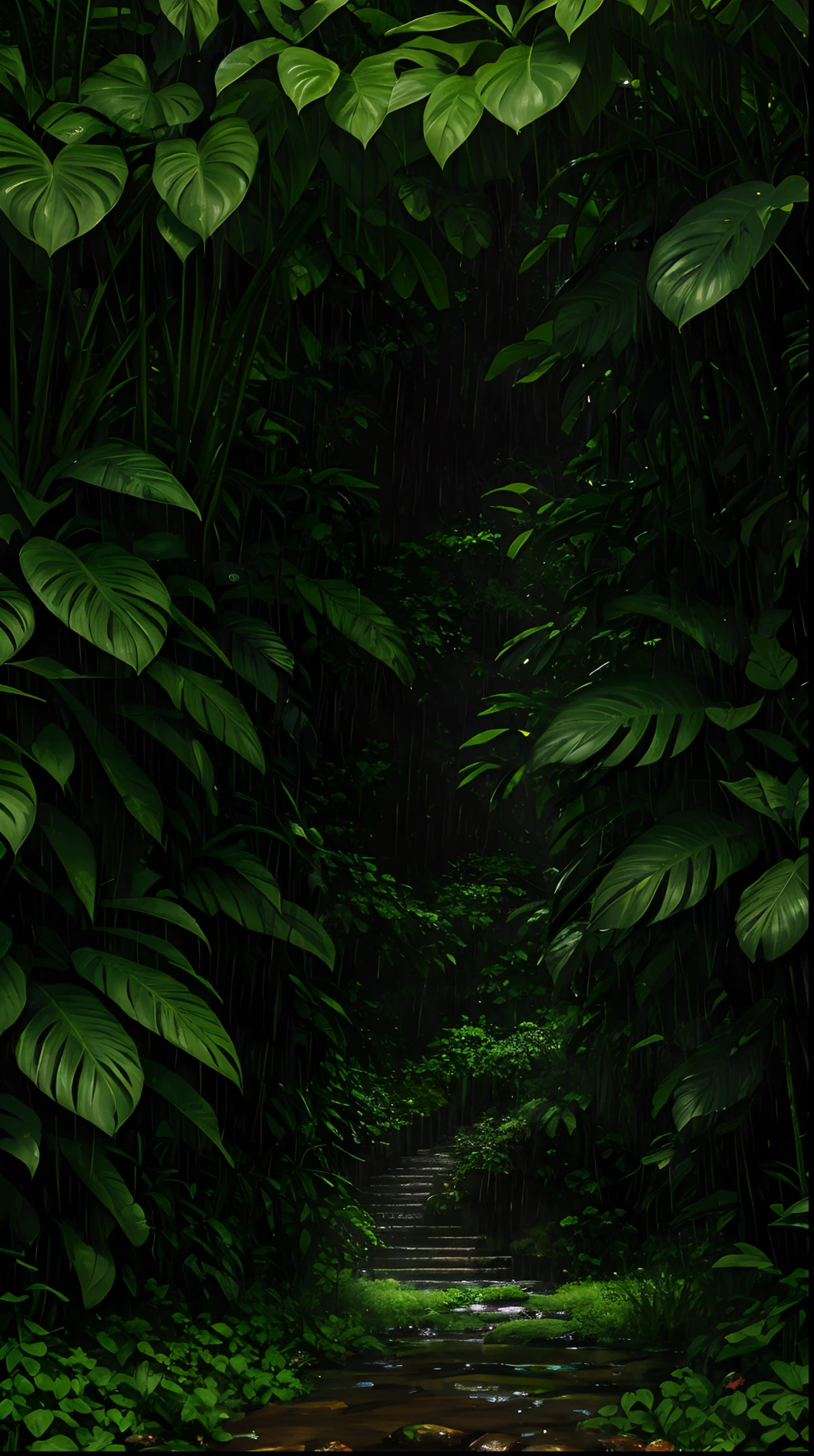 Jungle, heavy rainfall, monochrome, vines everywhere, huge and humid trees, masterpiece, best quality, very detailed CG unified 8k wallpaper, oil painting, award-winning photography, background blur, depth of field, HDR, flowers, color difference, realism, very detailed, artstation trend, intricate, high detail, drama, halfway art, three-dimensional lighting, emerald green