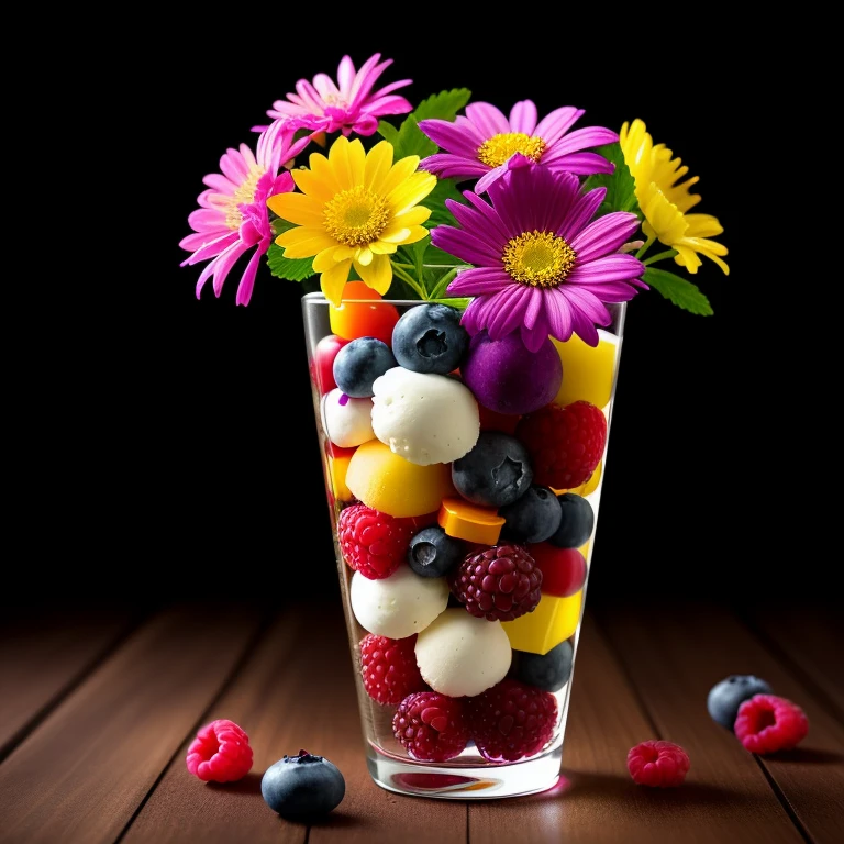colorful flowers on table,
knickerbocker glory, tall thin glass, colorful ice cream, purple ice cream, raspberries, couli, blueberries, chopped chocolate, icing sugar, intricate, oil on canvas, masterpiece, expert, insanely detailed, 4k resolution, splash art, concept art, composition, framing, delicate features,
