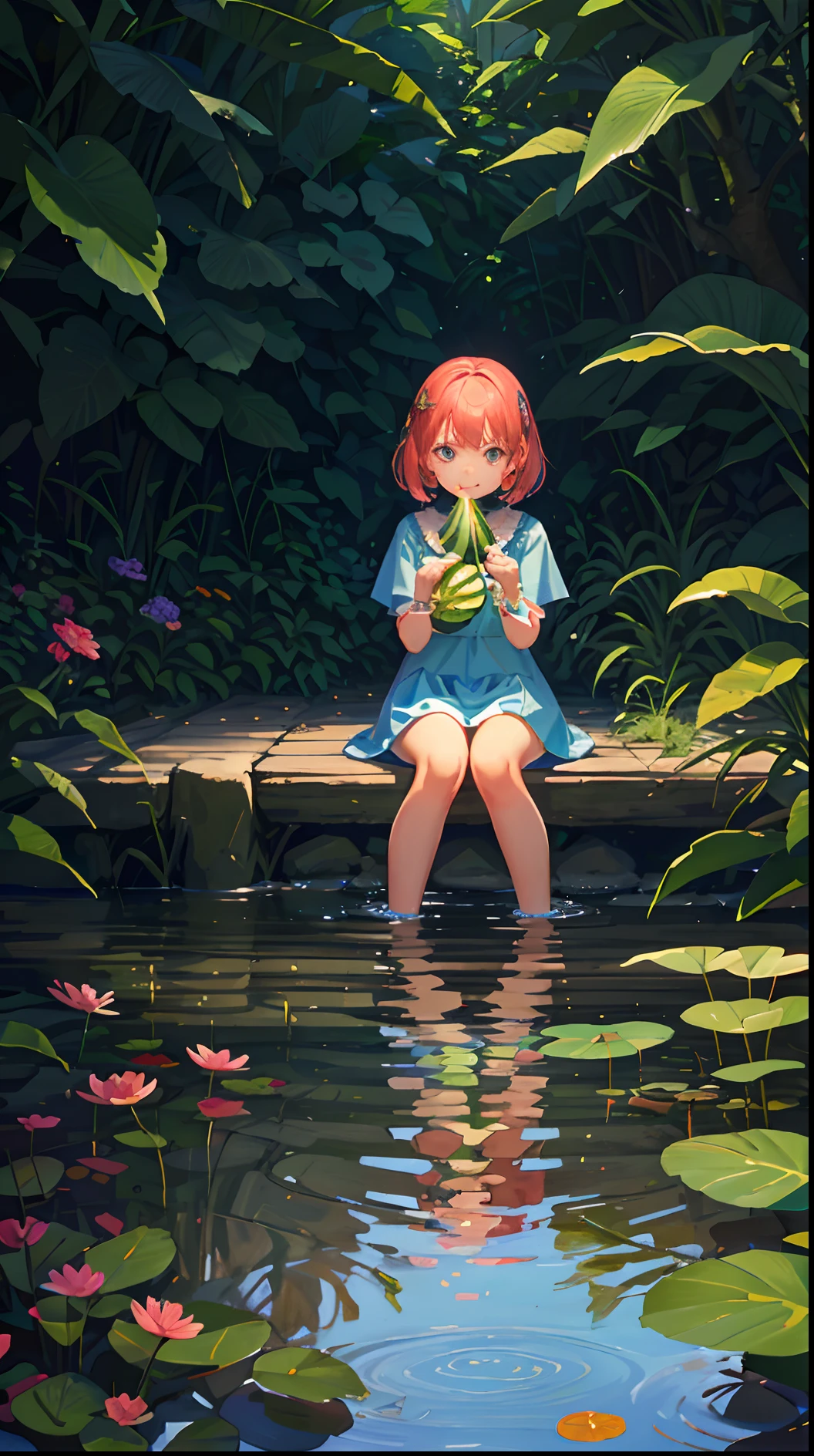 (Best quality)), a is eating a watermelon, soaking her feet in the water, happy, colorful, sunny and shady, in the forest, a quiet pond, wildflowers by the water, a creek, stones, moss,