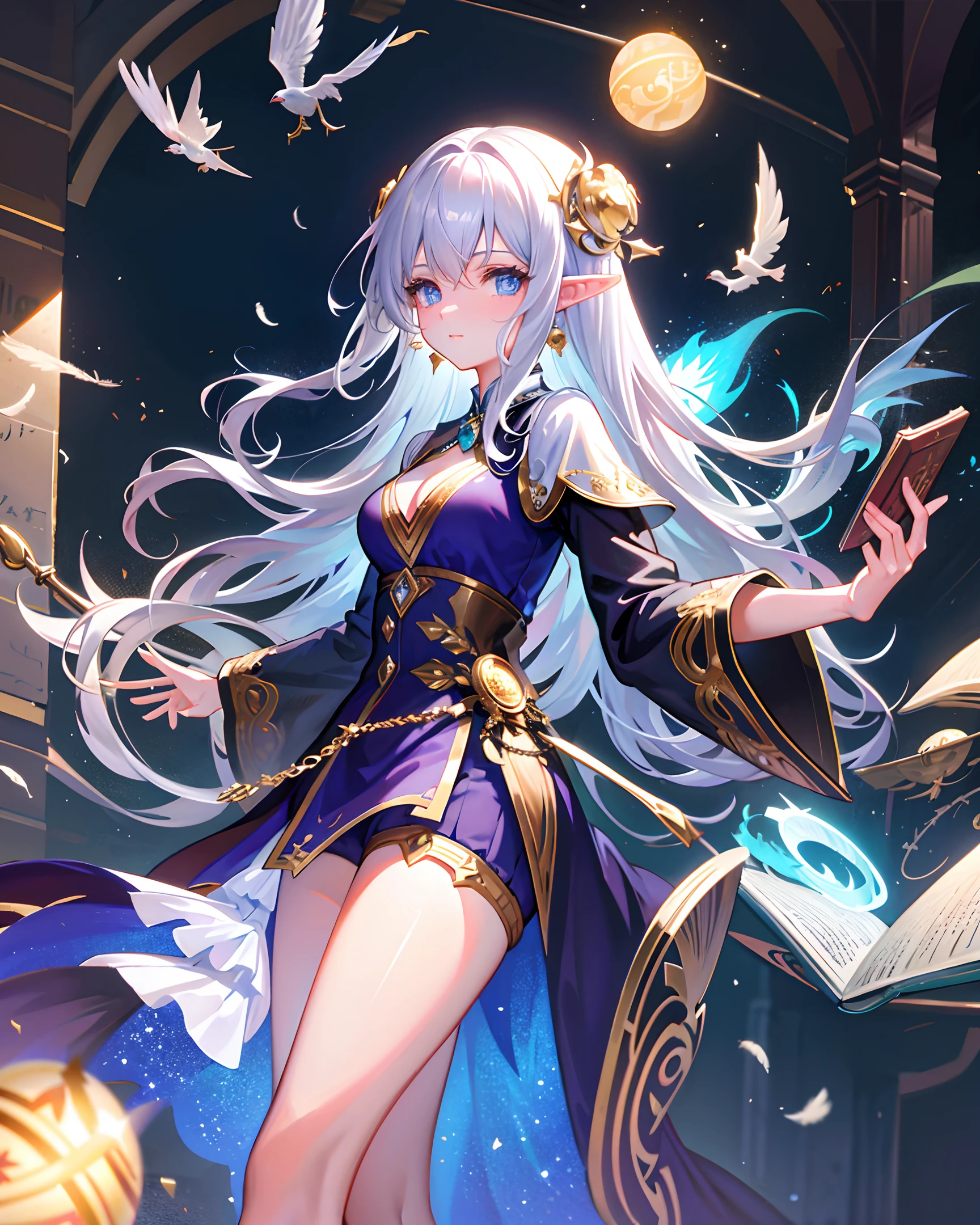 (masterpiece, best quality, extremely detailed CG, beautiful detailed eyes, ultra-detailed, intricate details: 1.2), 8k wallpaper, exquisite features, (1girl, solo: 1.4), long hair, striped hair, elf, aura, looking at the viewer, blue eyes, earrings, underwear, anklets, big boobs, arcane, blue flame, feathers, birds, magic surround, magic wands, magic balls, books, magic wands, magic balls, books, flying pages in the sky, magic array, magic array, spell, night, dark