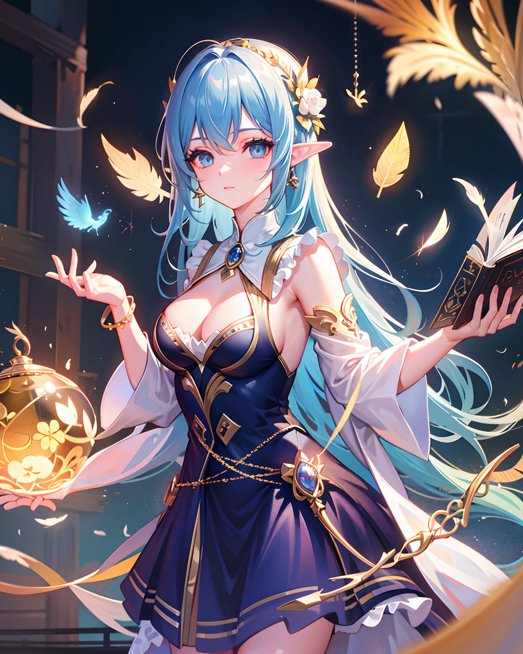 (masterpiece, best quality, extremely detailed CG, beautiful detailed eyes, ultra-detailed, intricate details: 1.2), 8k wallpaper, exquisite features, (1girl, solo: 1.4), long hair, striped hair, elf, aura, looking at the viewer, blue eyes, earrings, underwear, anklets, big boobs, arcane, blue flame, feathers, birds, magic surround, magic wands, magic balls, books, magic wands, magic balls, books, flying pages in the sky, magic array, magic array, spell, night, dark