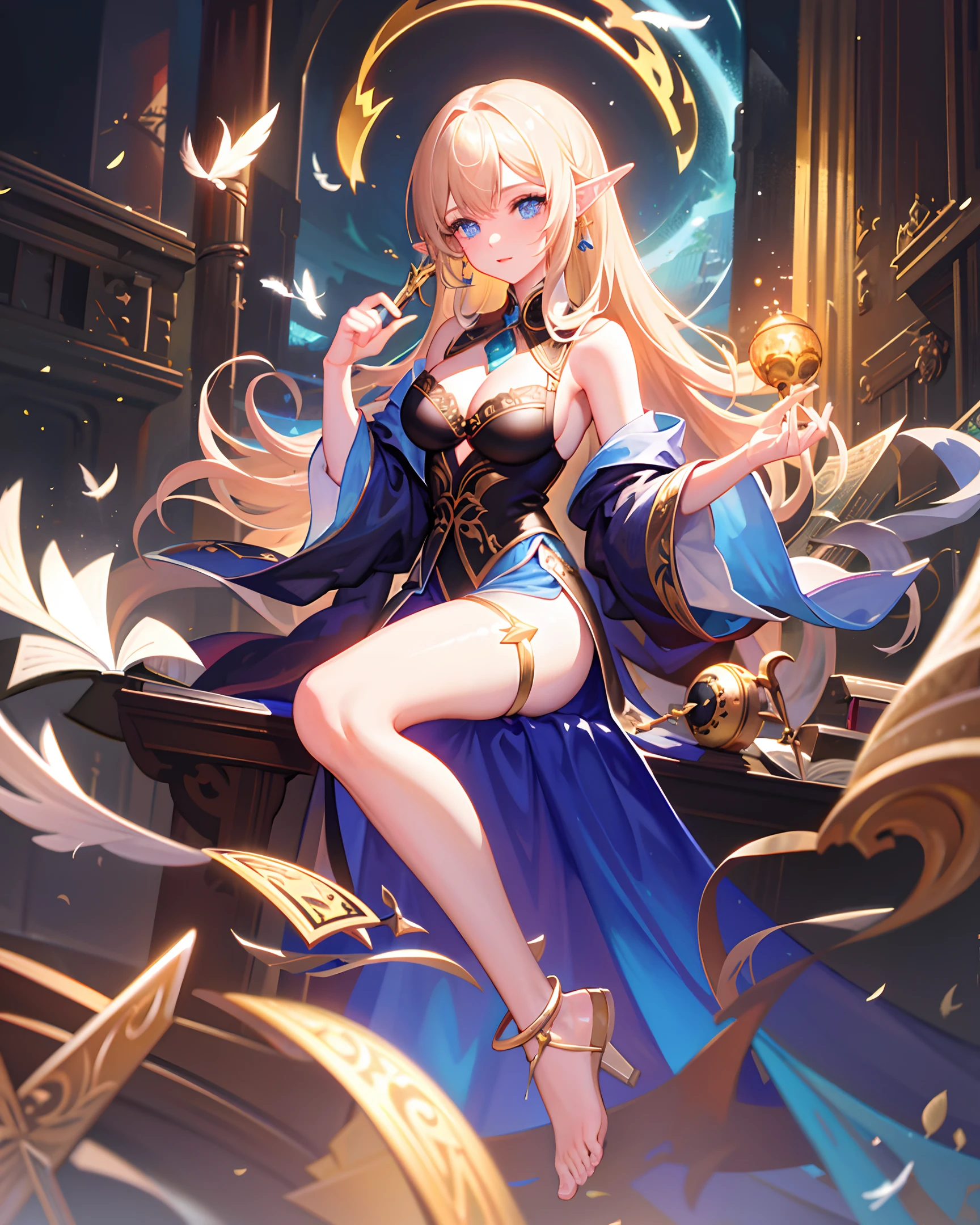 (masterpiece, best quality, extremely detailed CG, beautiful detailed eyes, ultra-detailed, intricate details: 1.2), 8k wallpaper, exquisite features, (1girl, solo: 1.4), long hair, striped hair, elf, aura, looking at the viewer, blue eyes, earrings, underwear, anklets, big boobs, arcane, blue flame, feathers, birds, magic surround, magic wands, magic balls, books, magic wands, magic balls, books, flying pages in the sky, magic array, magic array, spell, night, dark