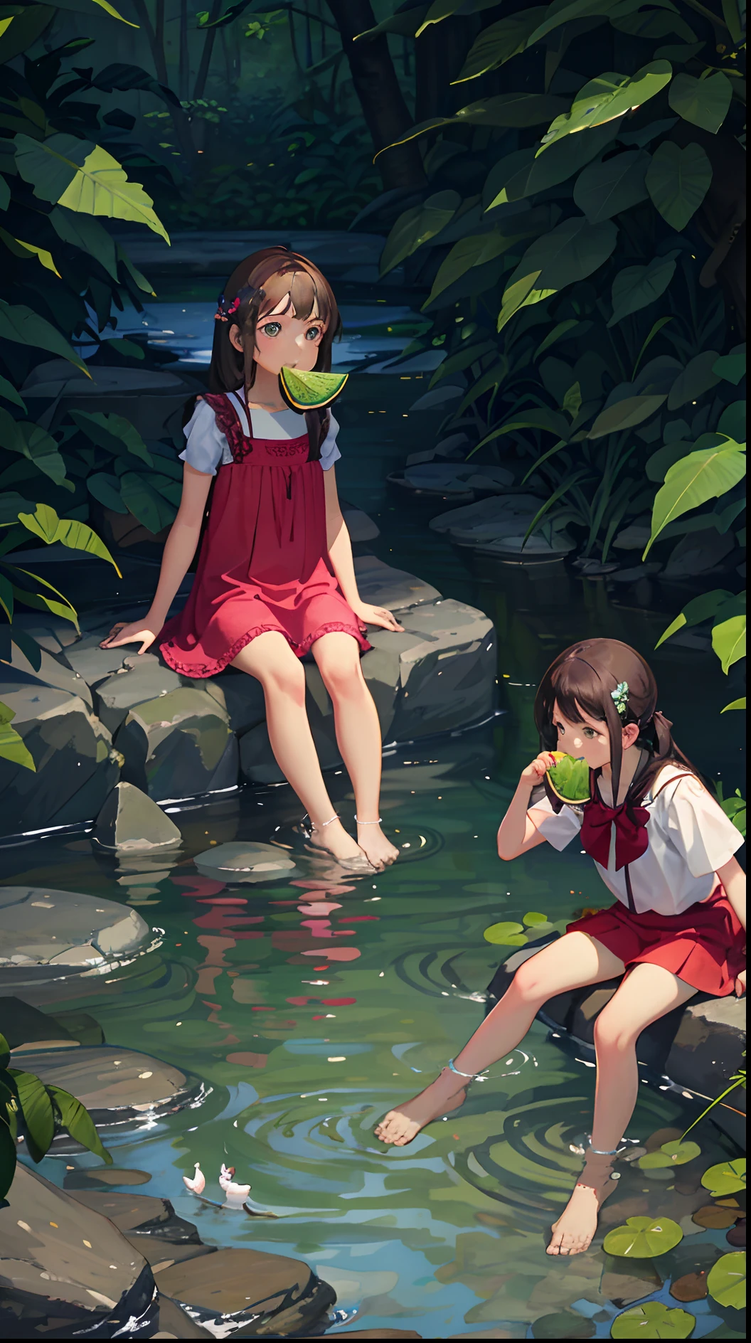 (Best quality)), a little girl is eating a watermelon, soaking her feet in the water, happy, colorful, sunny and shady, in the forest, a quiet pond, wildflowers by the water, a creek, stones, moss,