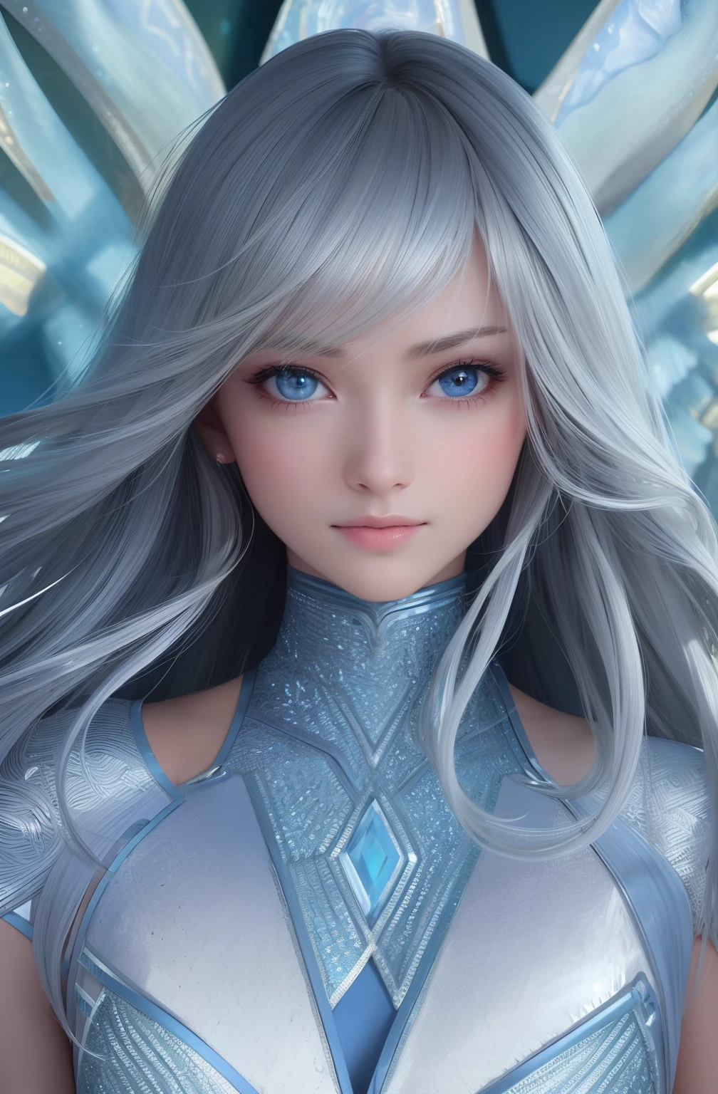 4K, Ultra HD, High Detailed, Masterpiece, Fuji-film, 35mm, (Cinematic lighting), High detailed light, High detailed shadow, detailed facial features, Pretty Female, tanned skin, Windblown silver highlighted-blonde long hair, realistic blue-eyes, Portrait, full body scale, little smile, beach background, moonlight, Holding a blue-diamond, aurora-borealis-colored-swimsuit, hot, realistic,