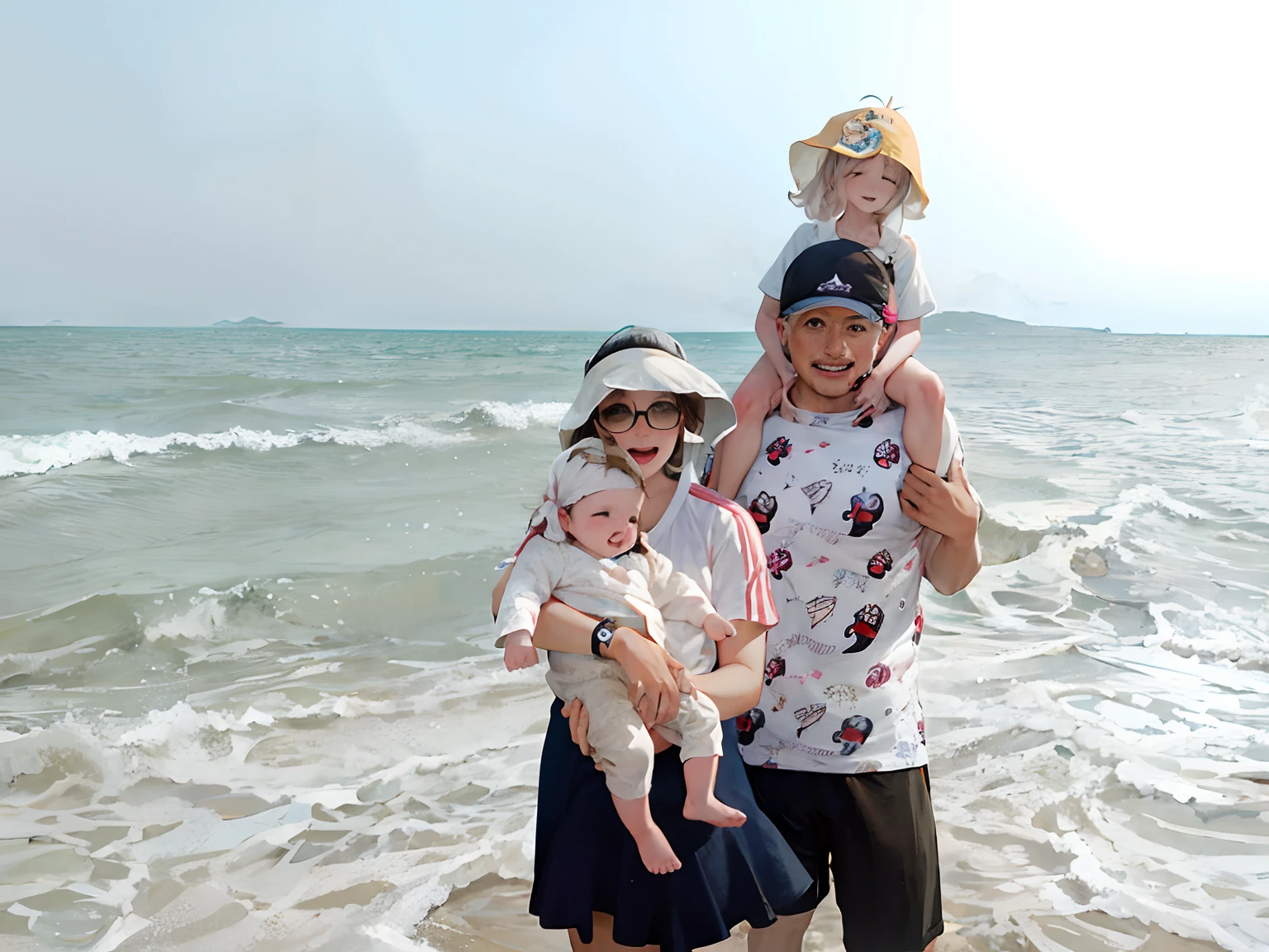 There are three people standing on the beach with their children, on the beach, on the beach, on the beach, on a vacation photo, a happy family standing near the beach, at sea, head photo, beach photo, standing on the beach, inspired by Eiichiro Oda, a family photo.