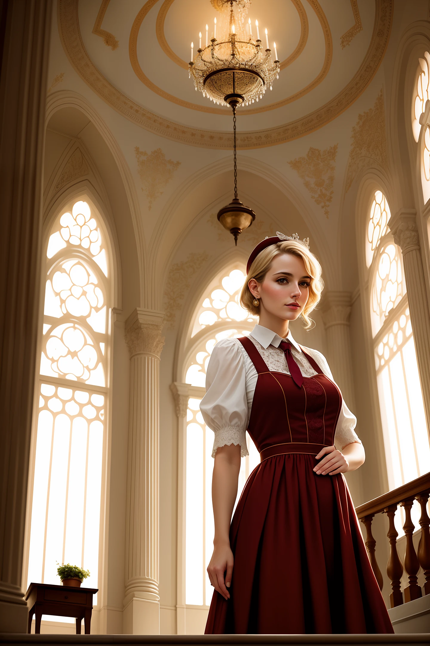 portrait of a woman librarian 30 years old, white European, beautiful, sexy, works in the library, books on shelves in the background, stairs, large windows, high facial detail, digital painting, cinematic, soft diffused light, harp focus, studio photography, intricate details, high detail: 1.2), 8k uhd, dslr, мягкое освещение, высокое качество, зерно пленки, Fujifilm XT3