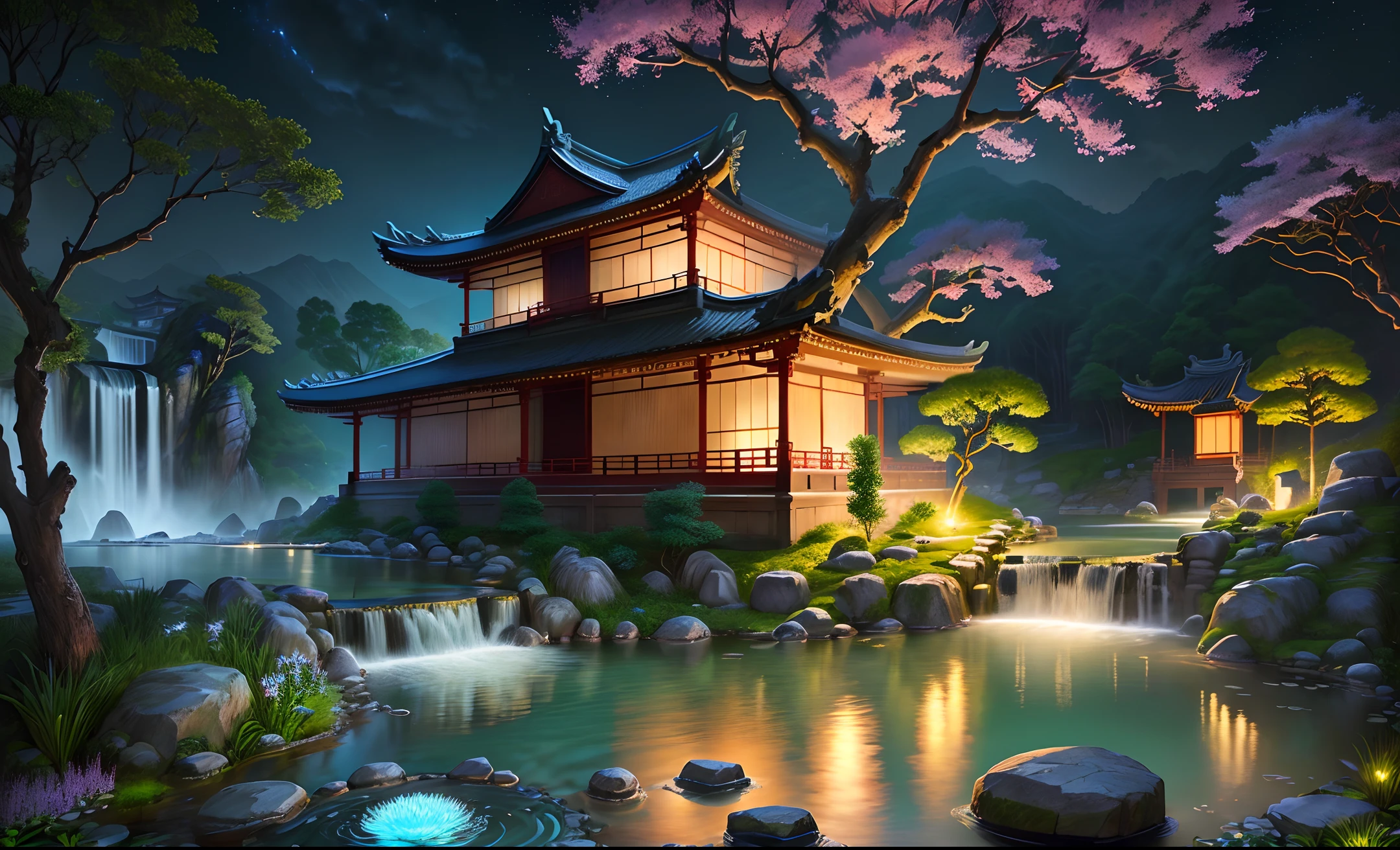 Ancient Chinese architecture, garden, bamboo, lake, stone bridge, rockery, arch, corner, rockery, tree, flowing water, landscape, outdoor, waterfall, meadow, rock, water lily, stream, lotus, moon, night view, hot springs, water vapor, (Illustration: 1.0), masterpiece, best quality, epic composition, realistic lighting, high-definition detail
