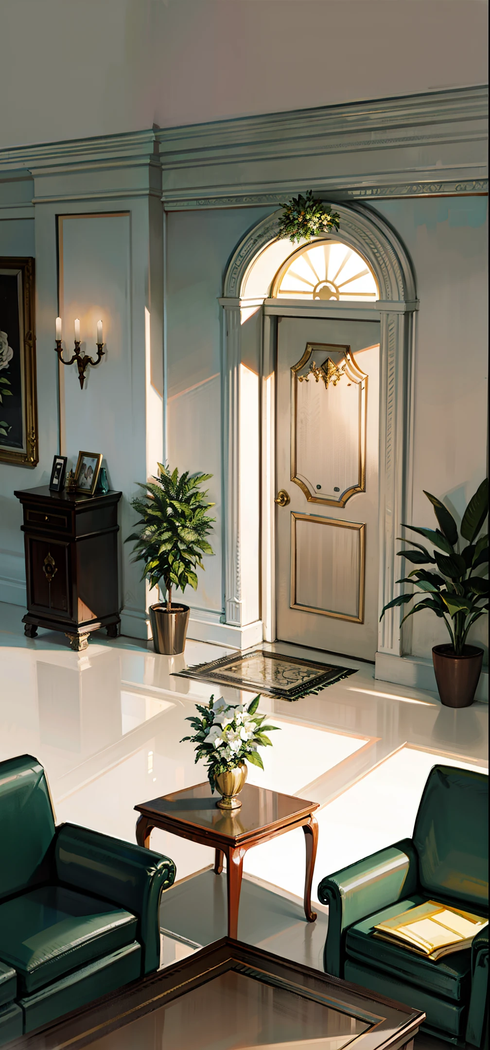High quality, masterpiece, interior scene, cartoon game scene, luxury hotel lobby, luxury marble floor, white marble curtain wall, solid wood door, light wood furniture, leather sofa, lush green flower pot, rich details, movie lighting, 16K, game illustration