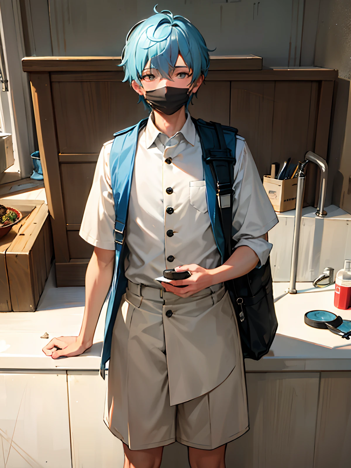 (Extremely detailed, high quality illustration), (best lighting effects, hyperrealism), beach, wheat-colored skin, young man with short light blue hair, looking at the sea with a thoughtful expression.
Face mask