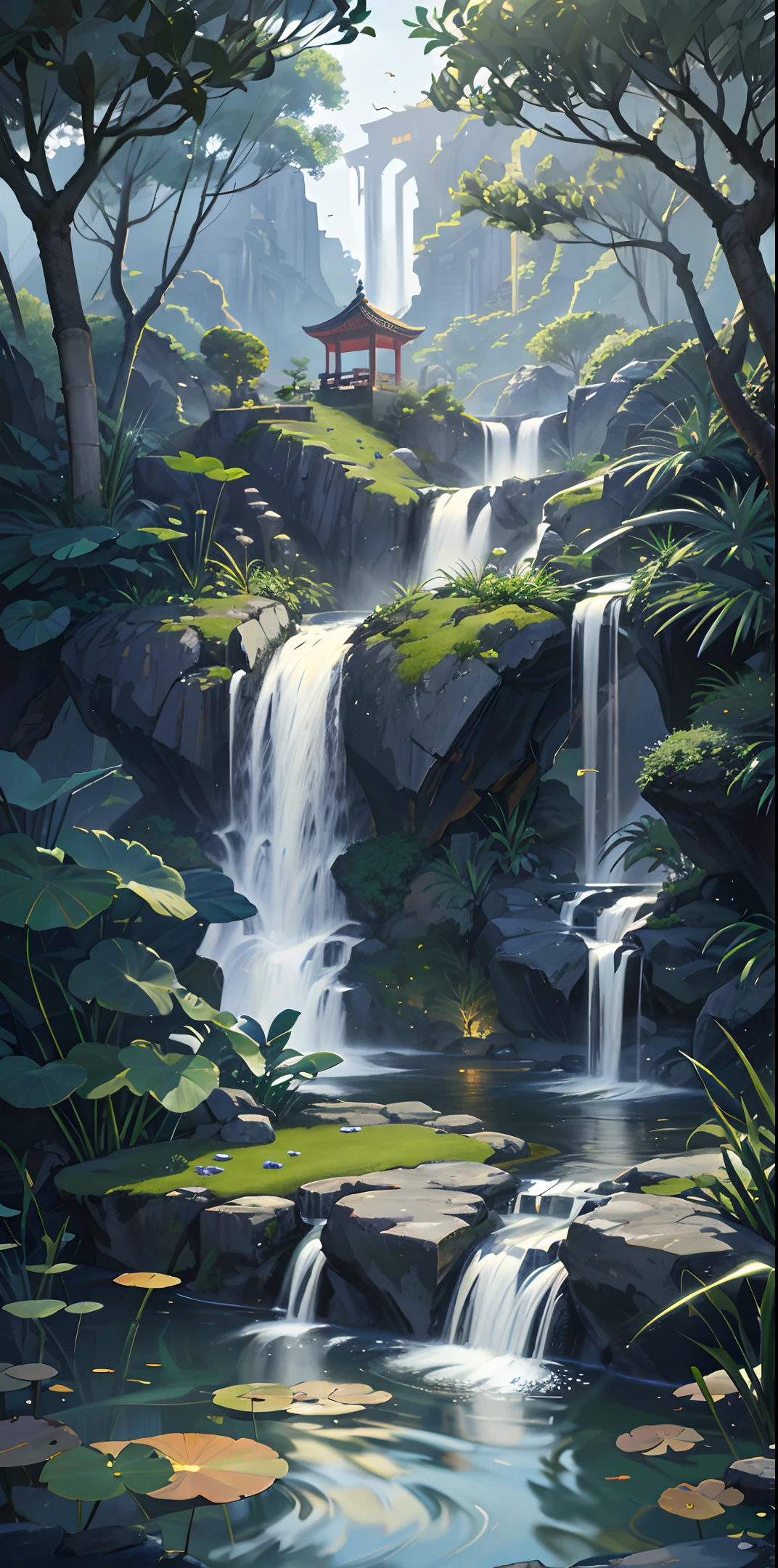 Ancient Chinese architecture, garden, bamboo, lake, stone bridge, rockery, arch, corner, rockery, tree, flowing water, landscape, outdoor, waterfall, meadow, rock, water lily, stream, lotus, moon, night view, hot springs, water vapor, (illustration: 1.0), epic composition, realistic lighting, high-definition detail, masterpiece, best quality, (very detailed CG unified 8k wallpaper), (best quality)