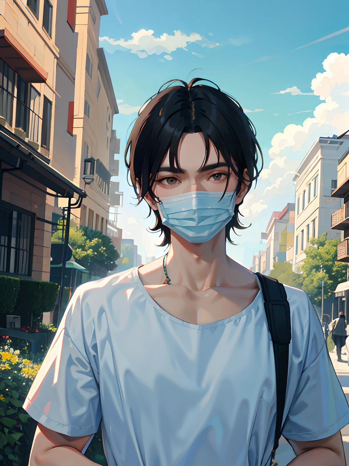 (highest resolution, distrinct_image), highest image quality, masterpiece, high detail, semi-realism, man with short black hair, mature man, walking in the garden, blue sky and white clouds, (wearing surgical mask)
