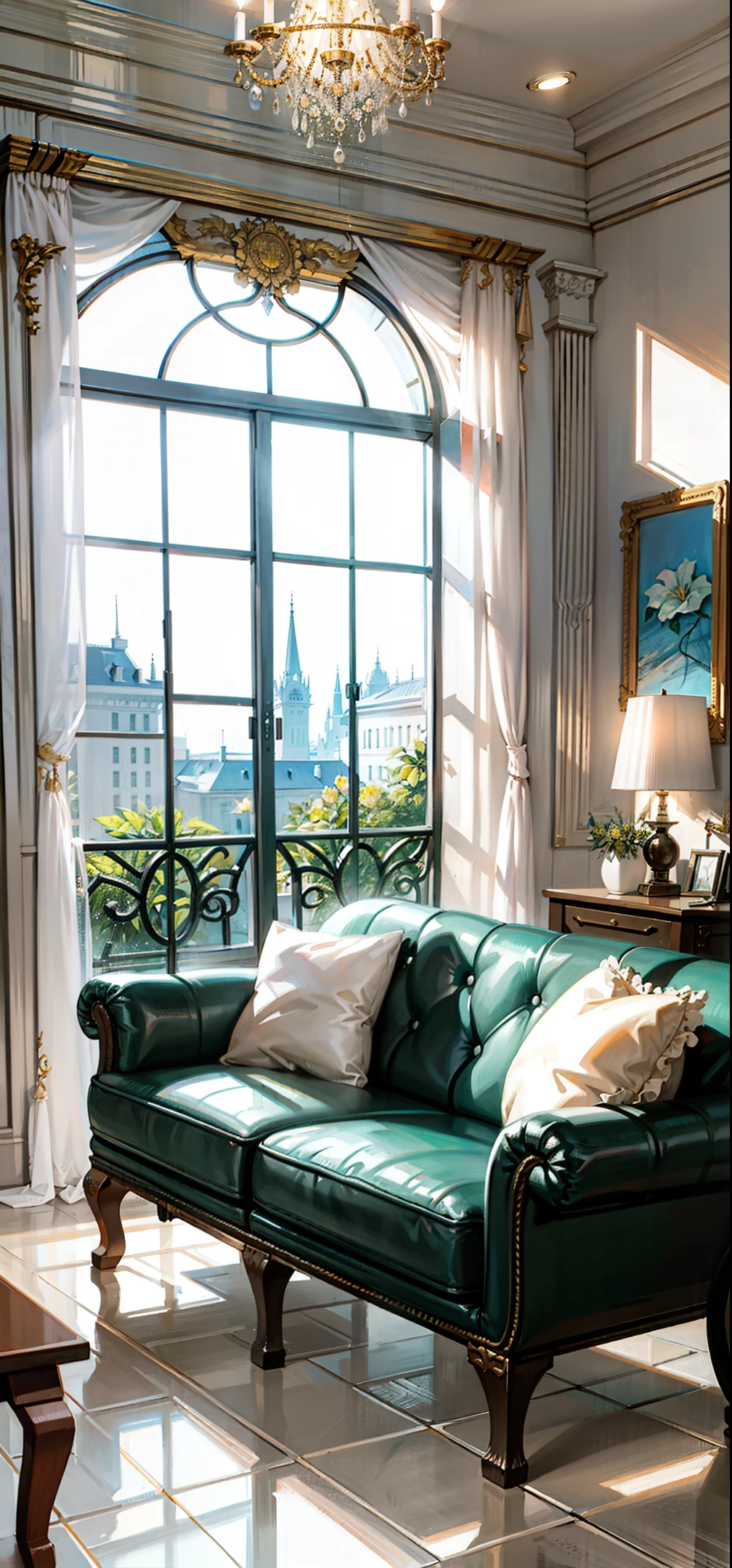 High quality, masterpiece, interior scene, cartoon game scene, luxury hotel lobby, luxury marble floor, white marble curtain wall, solid wood door, light wood furniture, leather sofa, lush green flower pot, rich details, movie lighting, 16K, game illustration