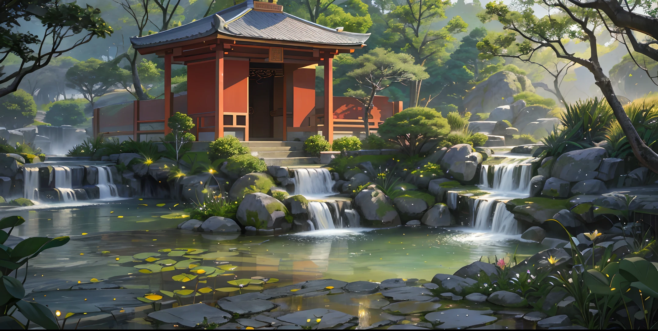 Ancient Chinese architecture, garden, bamboo, lake, stone bridge, rockery, arch, corner, rockery, tree, flowing water, landscape, outdoor, waterfall, meadow, rock, water lily, stream, lotus, moon, night view, hot springs, water vapor, (illustration: 1.0), epic composition, realistic lighting, high-definition detail, masterpiece, best quality, (very detailed CG unified 8k wallpaper), (best quality)