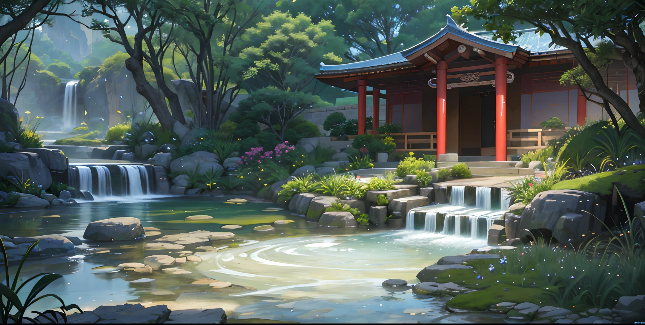 Ancient Chinese architecture, garden, bamboo, lake, stone bridge, rockery, arch, corner, rockery, tree, flowing water, landscape, outdoor, waterfall, meadow, rock, water lily, stream, lotus, moon, night view, hot springs, water vapor, (illustration: 1.0), epic composition, realistic lighting, high-definition detail, masterpiece, best quality, (very detailed CG unified 8k wallpaper), (best quality)