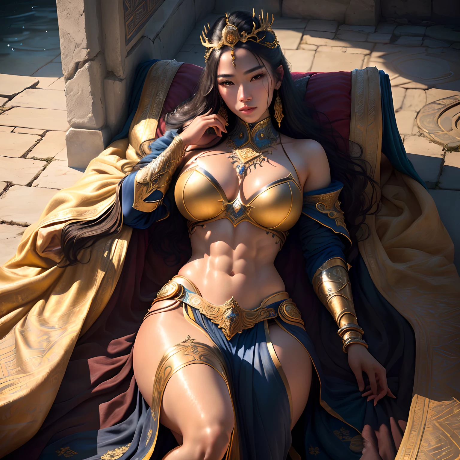 best quality, masterpiece, highres, photo realistic, ultra realistic, ancient swimming pool, sun tyndall effect,photorealistic, dark studio, rim lighting, tone lighting,(high detailed skin:), 8k uhd, dslr, soft lighting, high quality, volumetric lighting, candid, photograph, high resolution, 4k, 8k, bokeh, ultra realistic 8k cg, (epic:, perfect artwork, masterpiece, ancient dynasty, medieval, fantasy), (((detailed background))), 20yo asian queen fit fresh model ,stunning God-like beauty, striking facial features, detailed hair, dynamic angle, amazing stunningly beautiful, laying down, extremely detailed skin, golden wet skin, 50mm portrait, glamour, perfect soft curves, perfect body, perfect boobs, perfect wide hips, full wet lips, extremely detailed muscle definition, perfect extremely detailed toned abs, ultra realistic